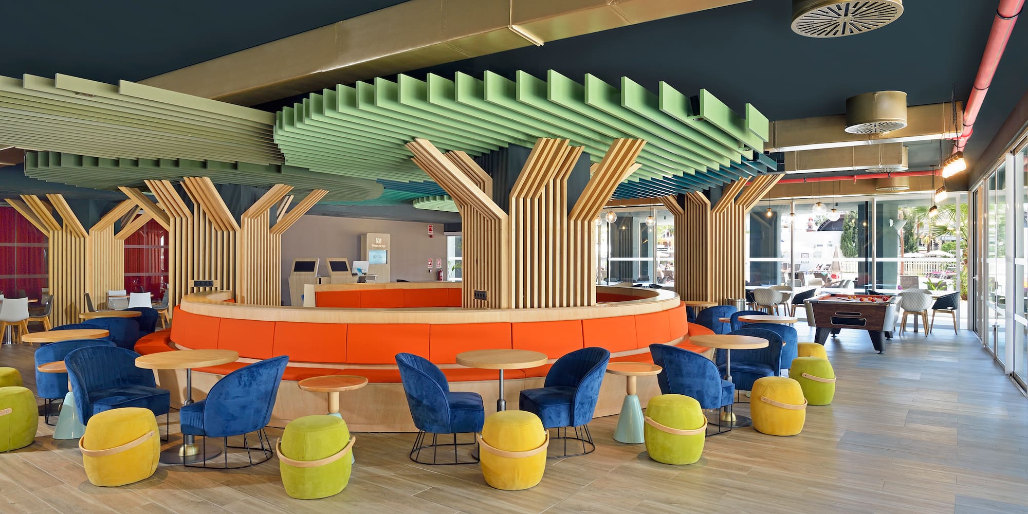 a room with tables and chairs