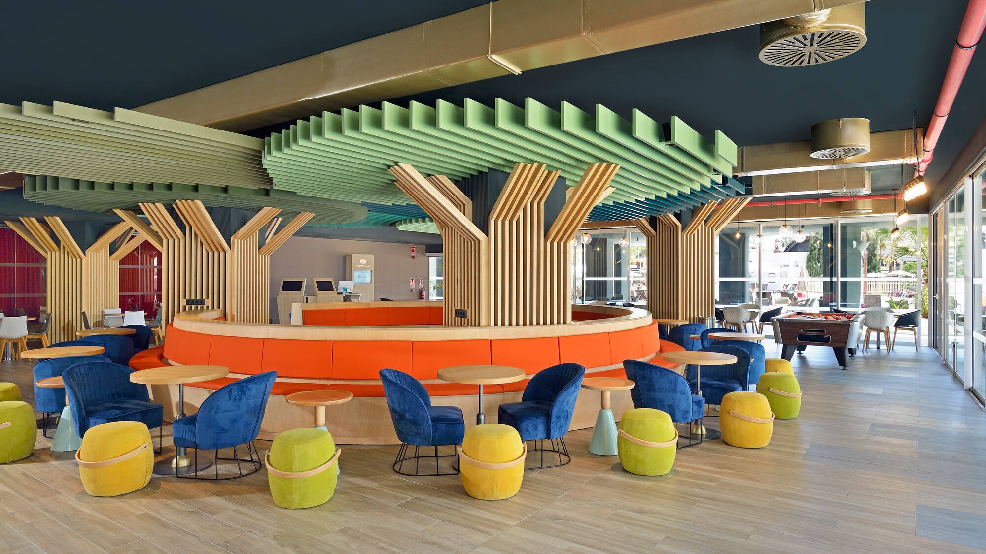 a room with tables and chairs