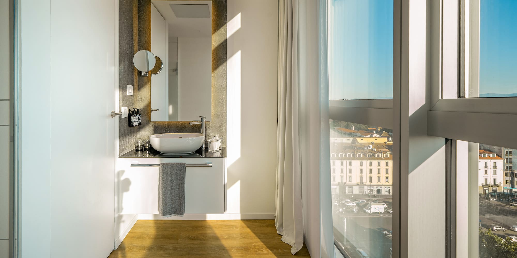 a bathroom with a large window