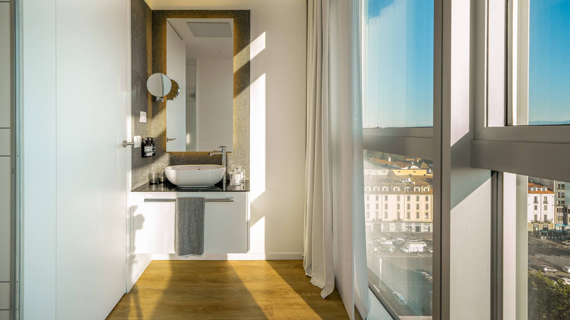 a bathroom with a large window