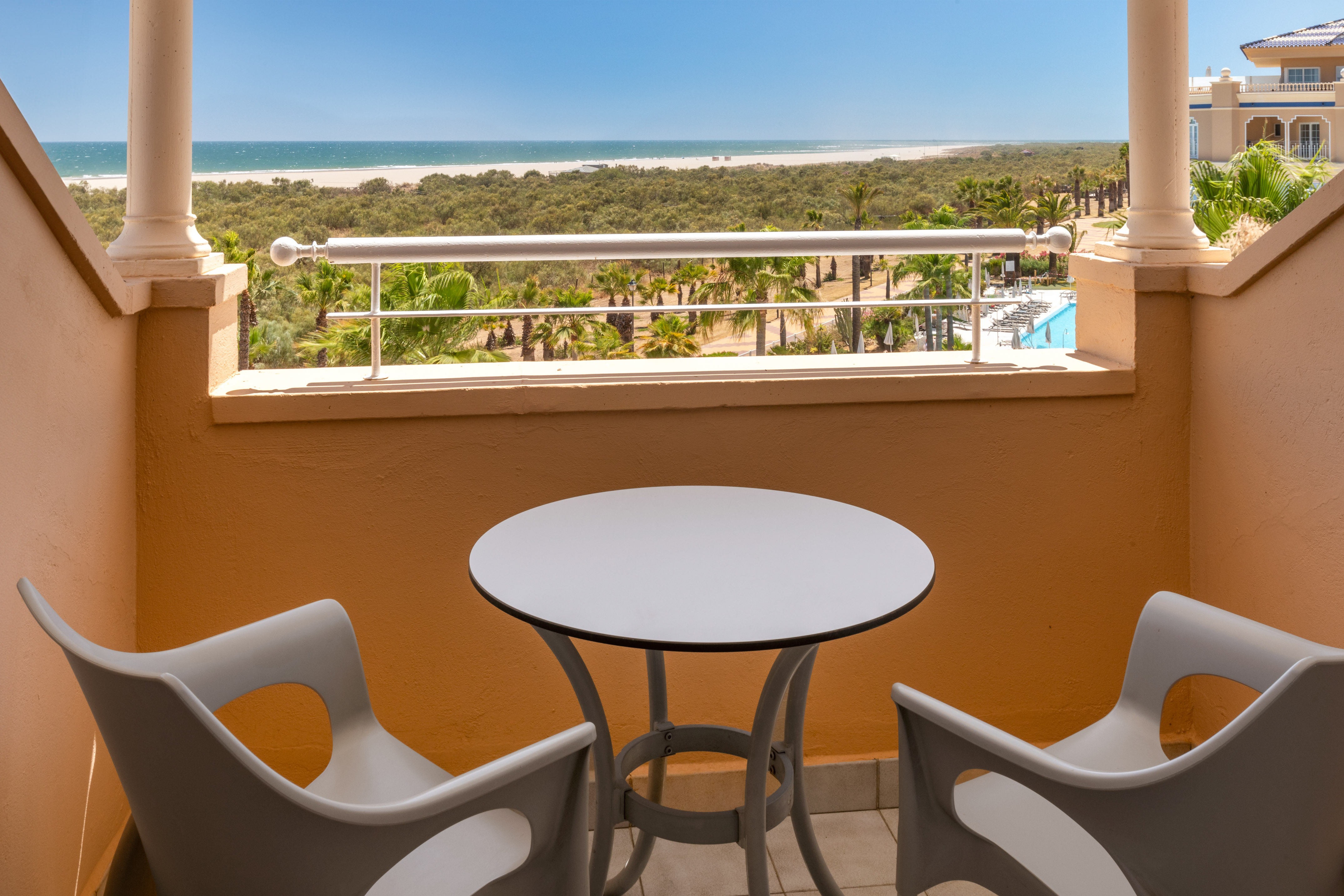Hotel balcony overlooking ocean beach, palm trees, and swimming pool.