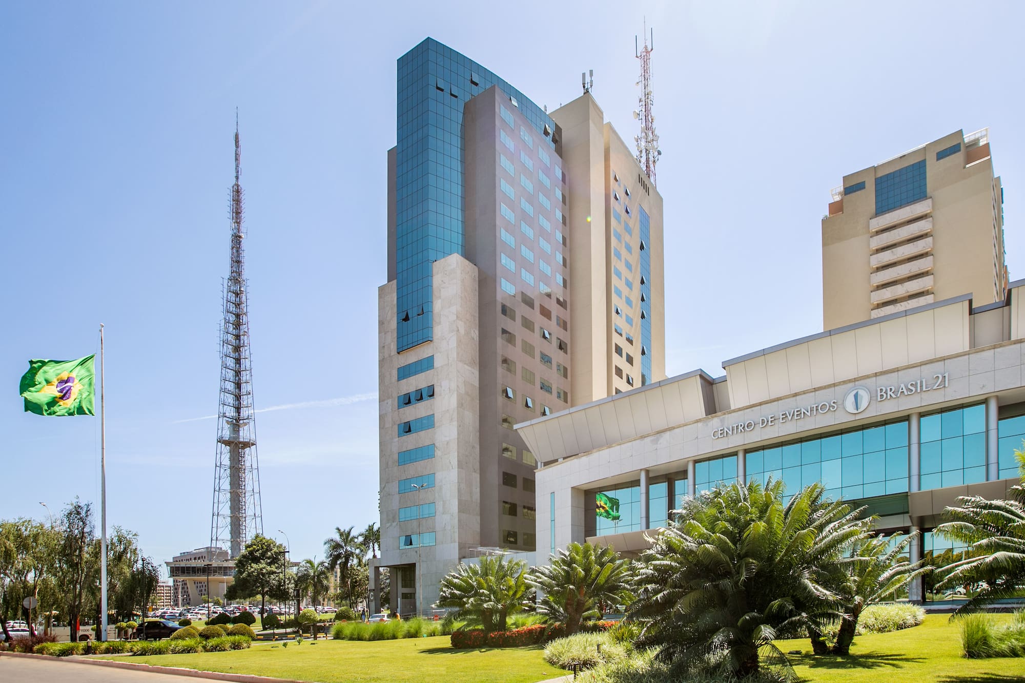 a building with a tower in the background