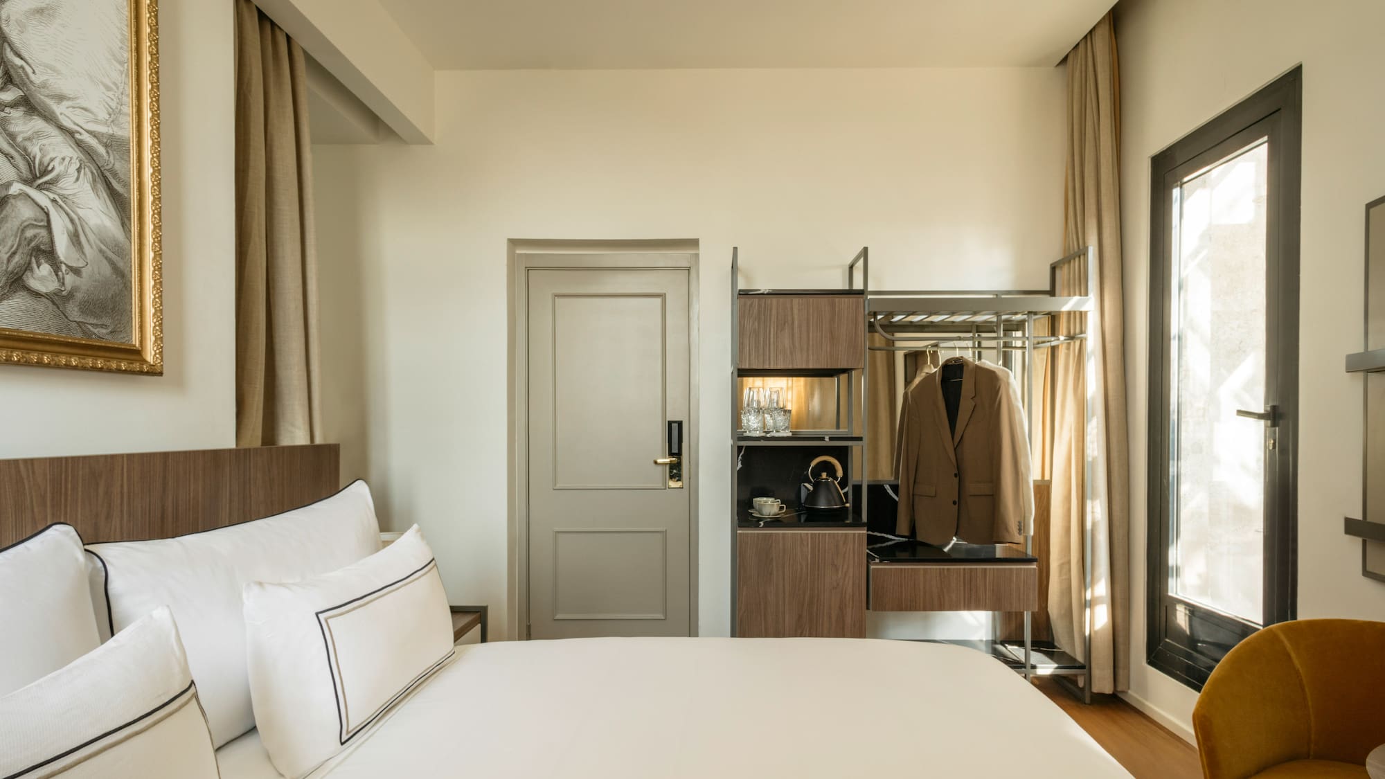 a room with a bed and a closet