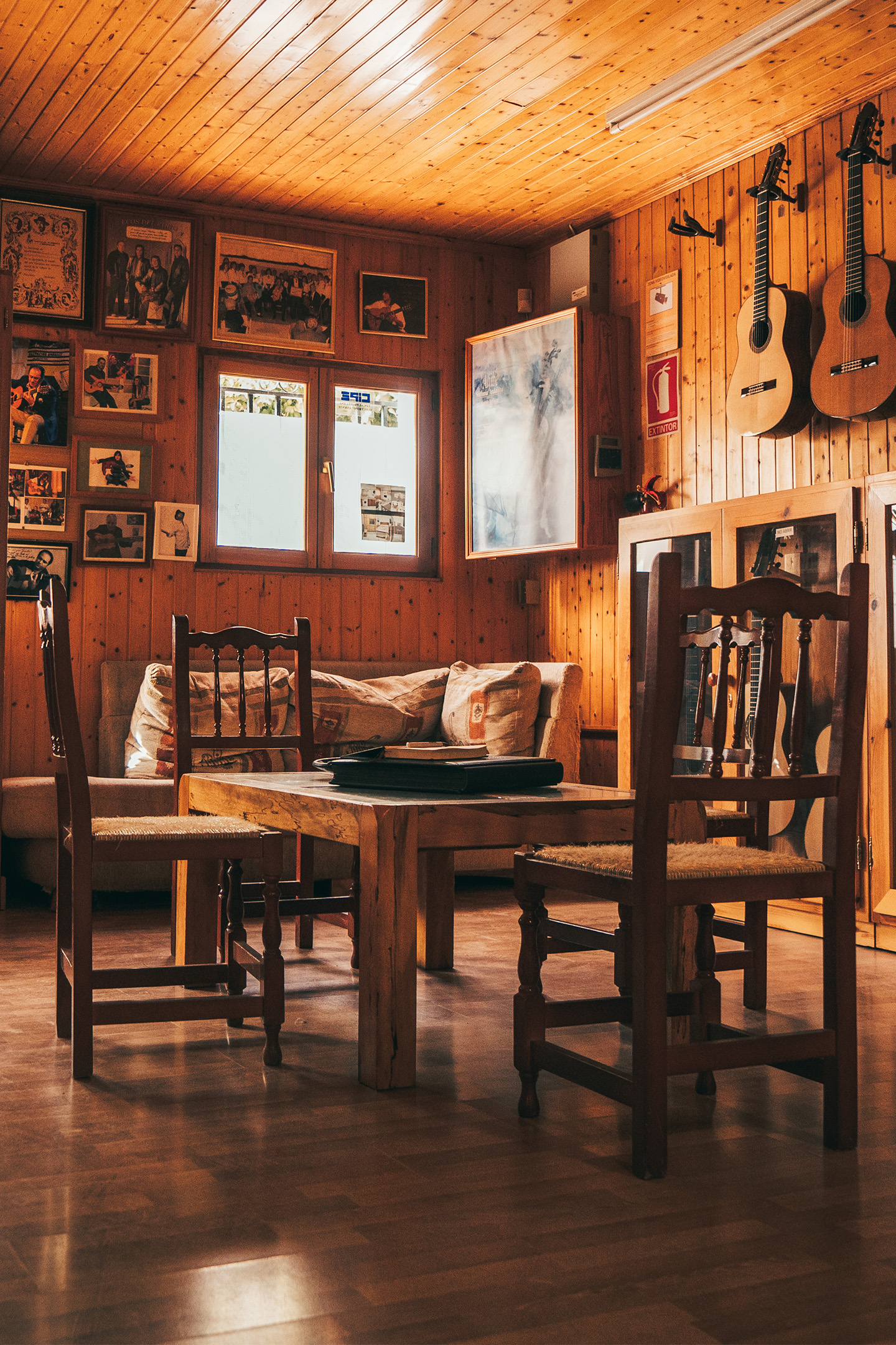 a room with a table and chairs