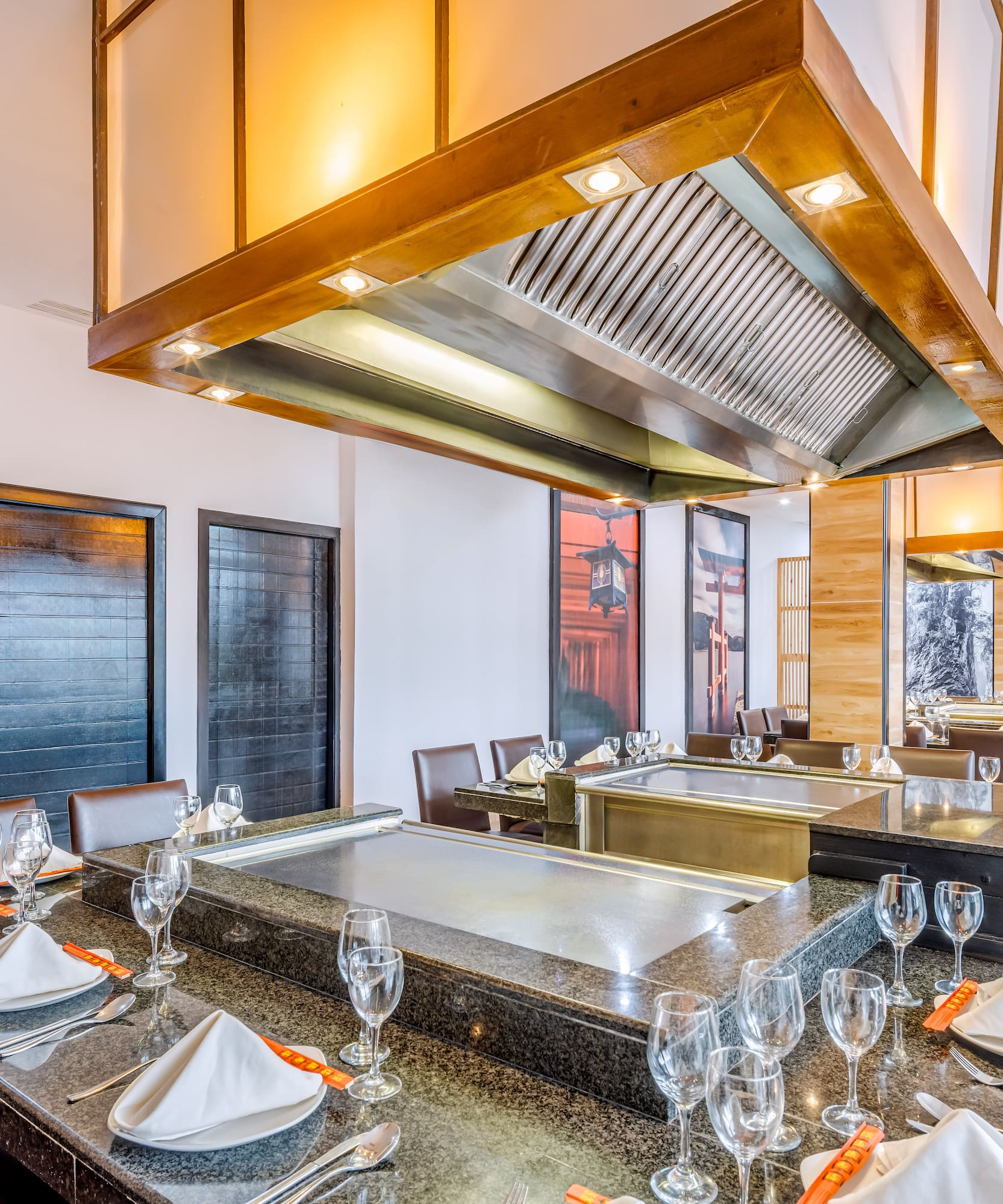 a restaurant with a large table set up