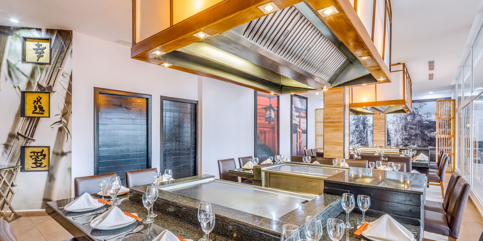 a restaurant with a large table set up