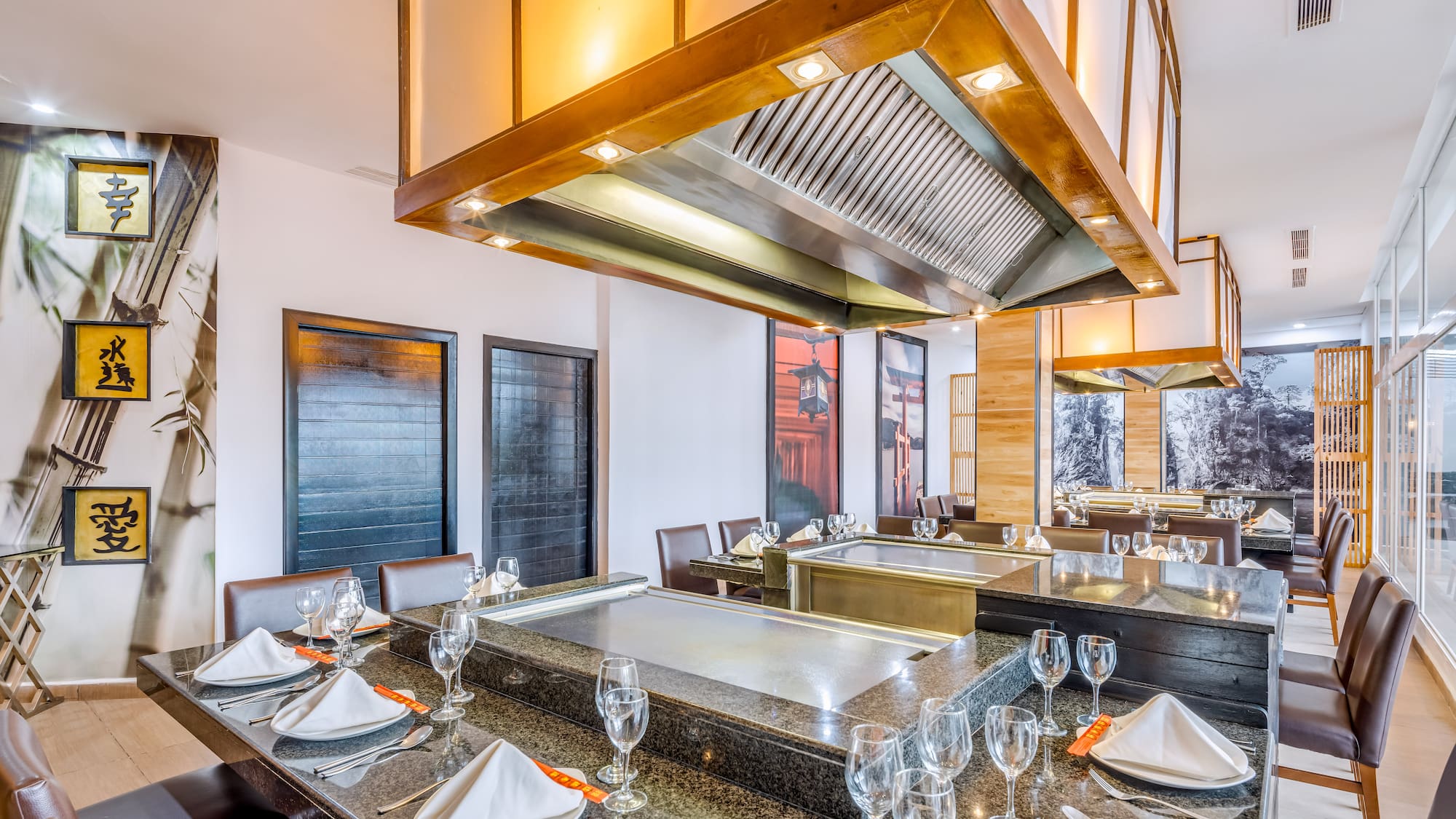 a restaurant with a large table set up