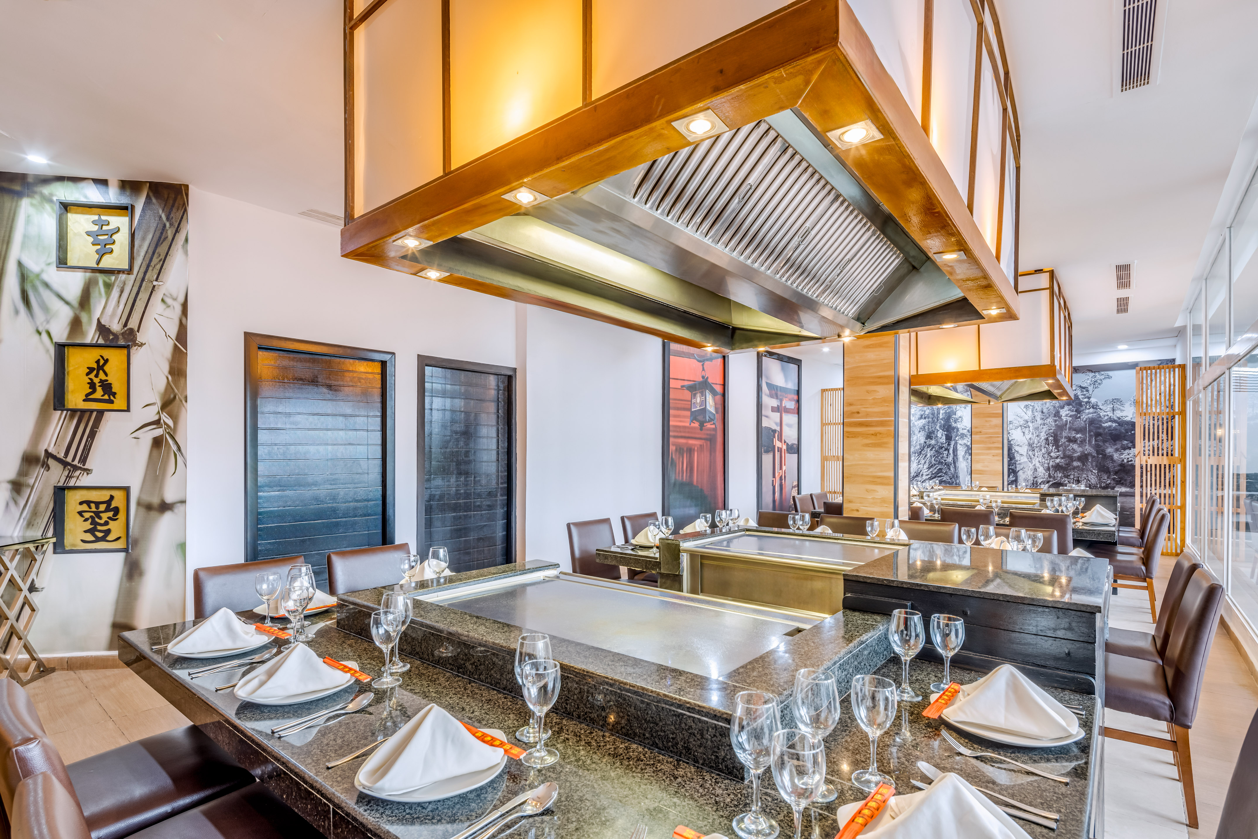 a restaurant with a large table set up