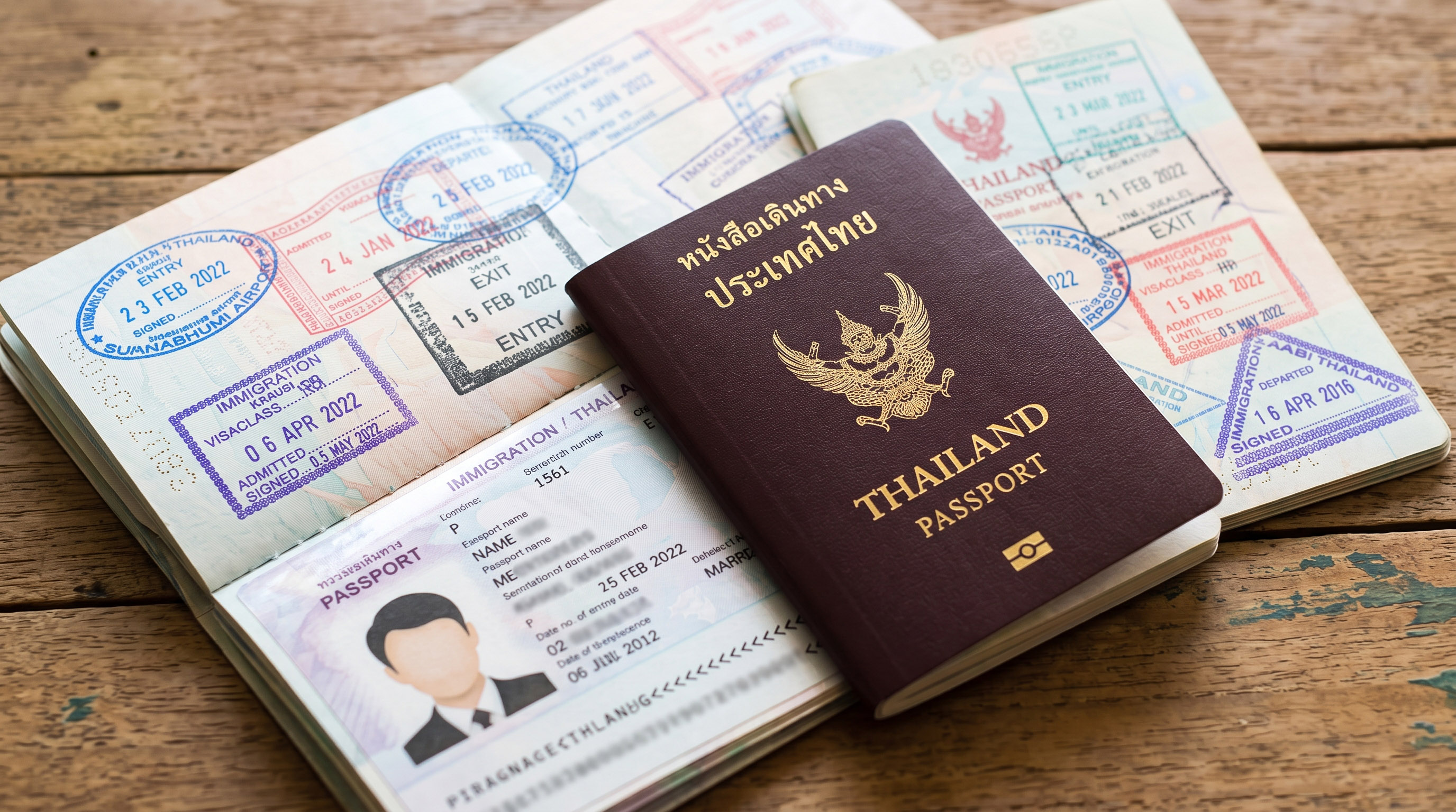Thailand passport open to pages with multiple visa and immigration stamps.