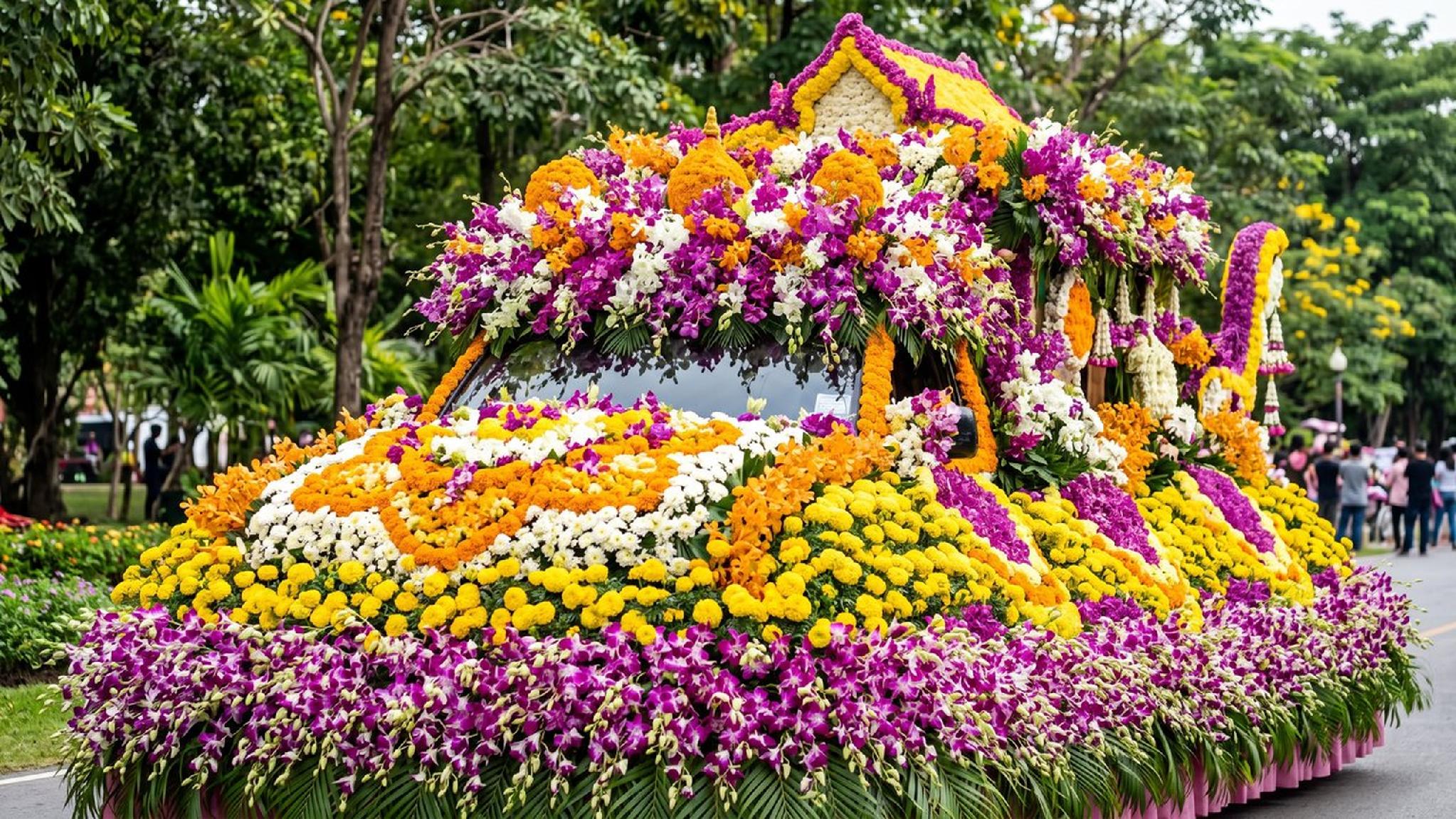 Festival flower float adorned with vibrant purple orchids and yellow marigolds.