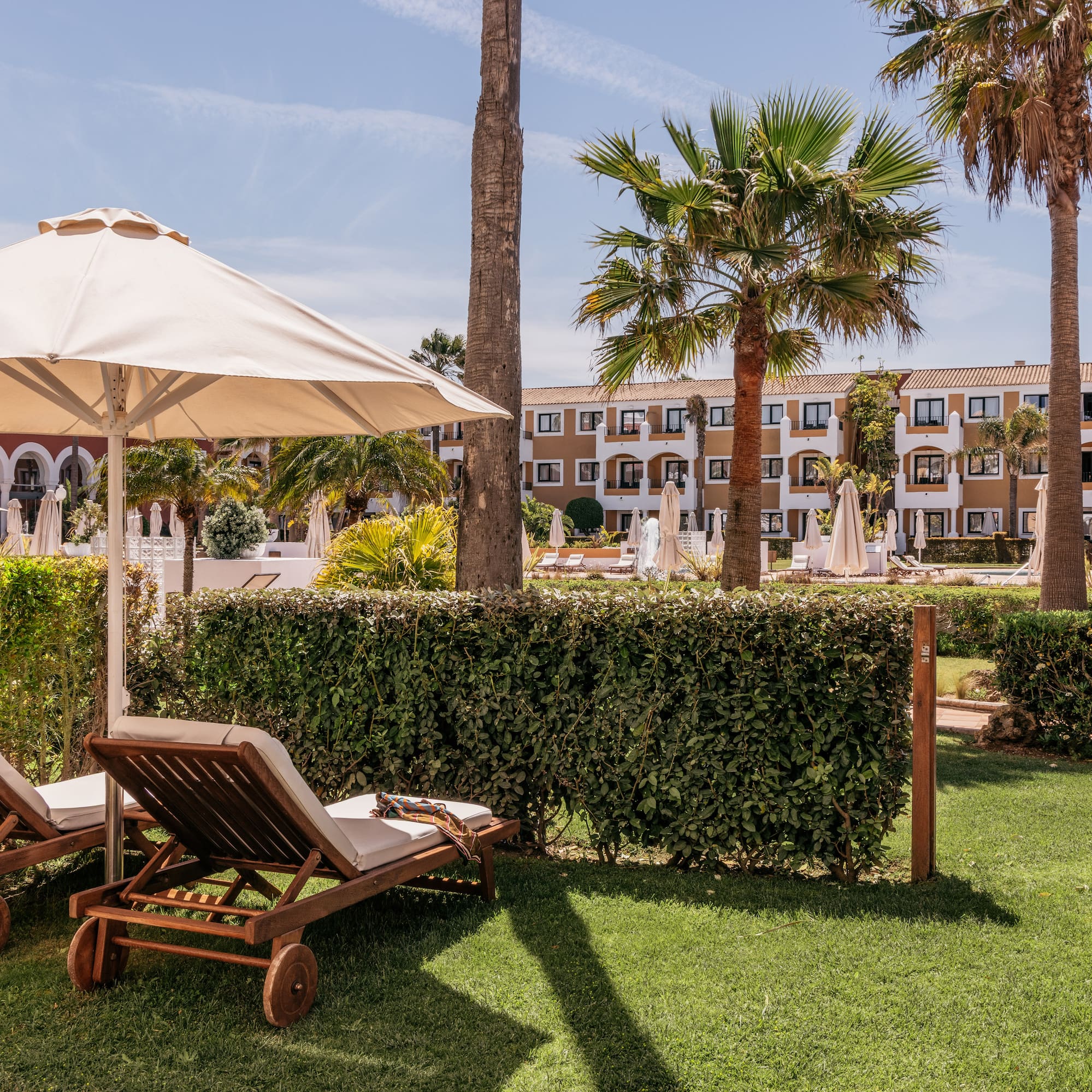 Sunny hotel resort garden, lounge chairs under umbrella, palm trees.