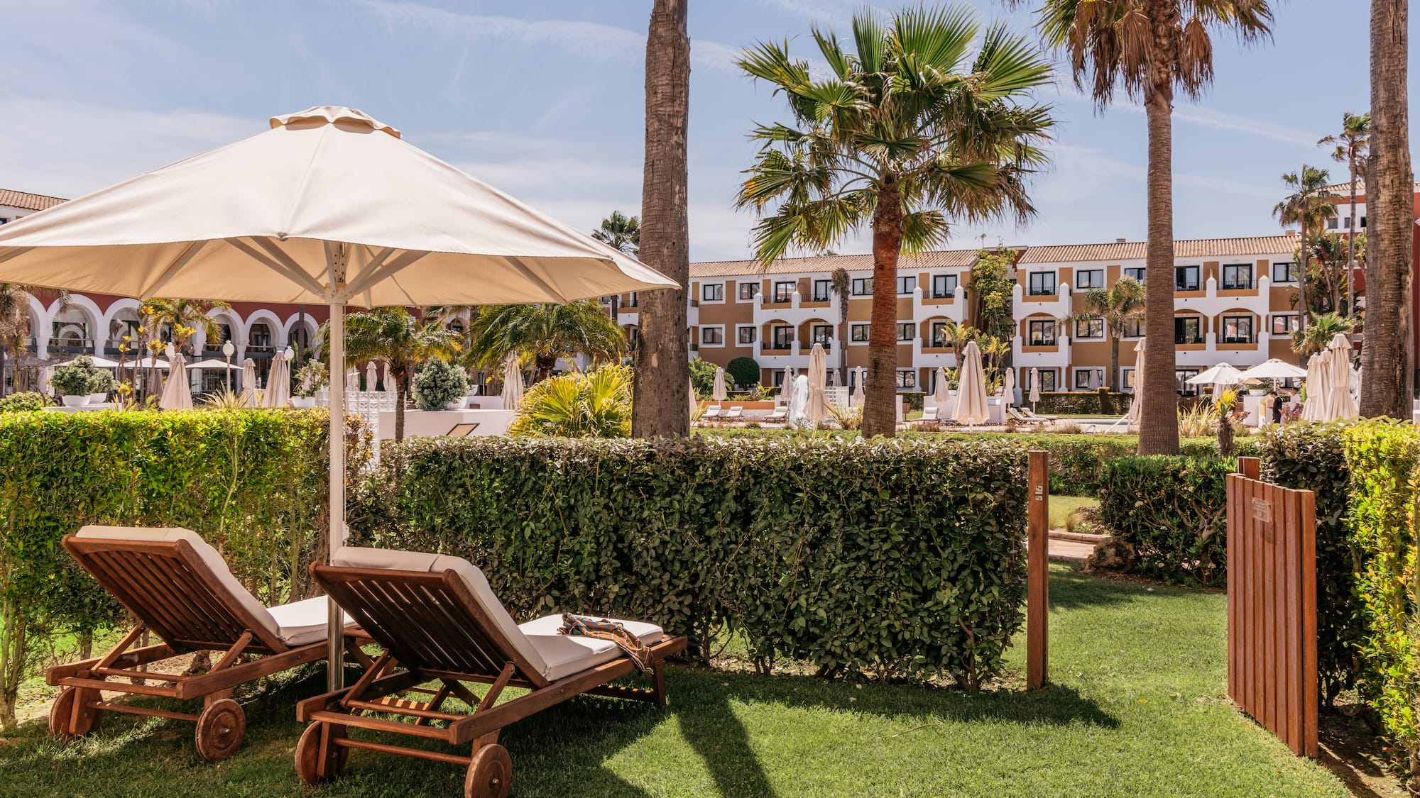 Sunny hotel resort garden, lounge chairs under umbrella, palm trees.