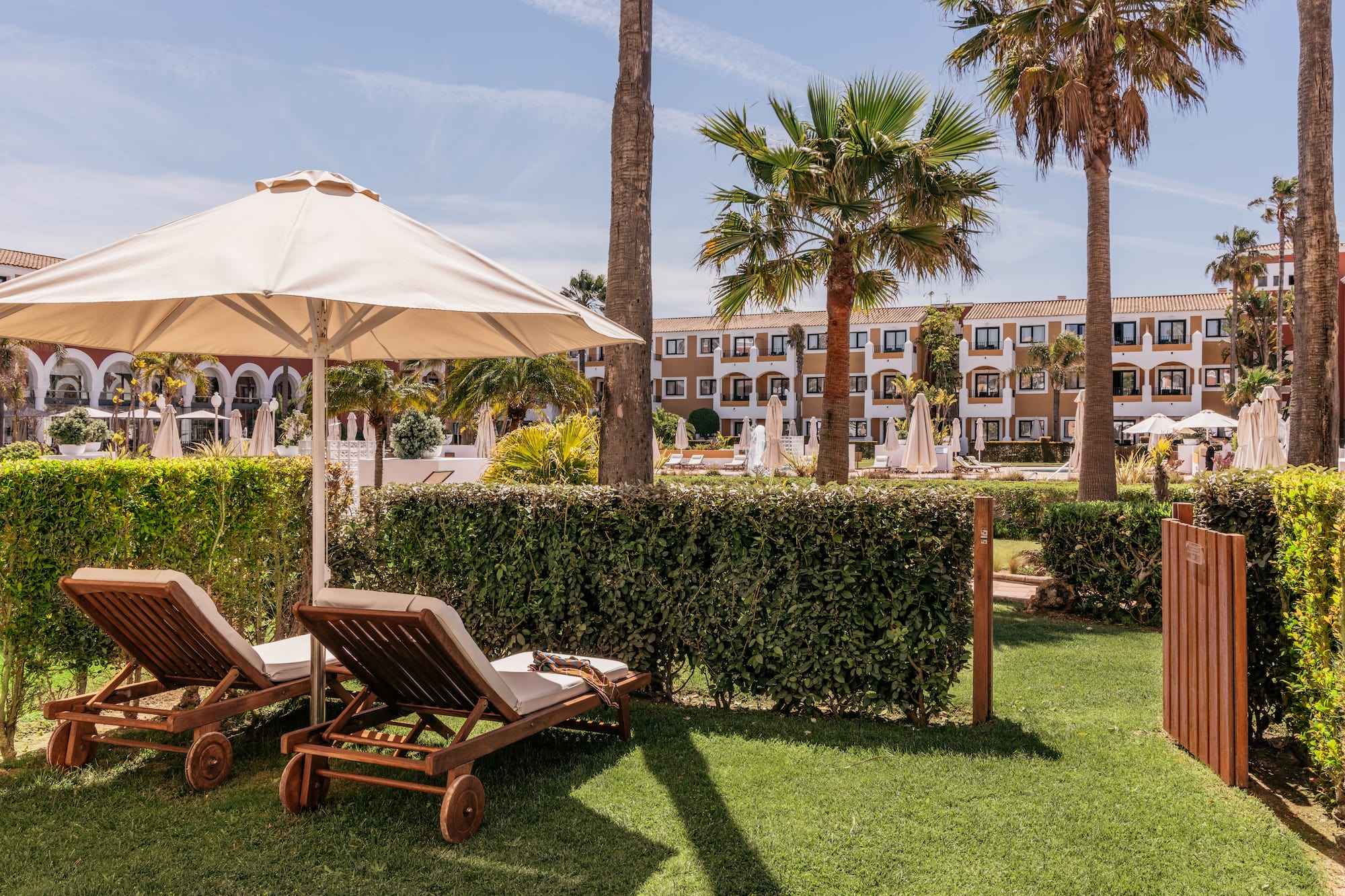 Sunny hotel resort garden, lounge chairs under umbrella, palm trees.