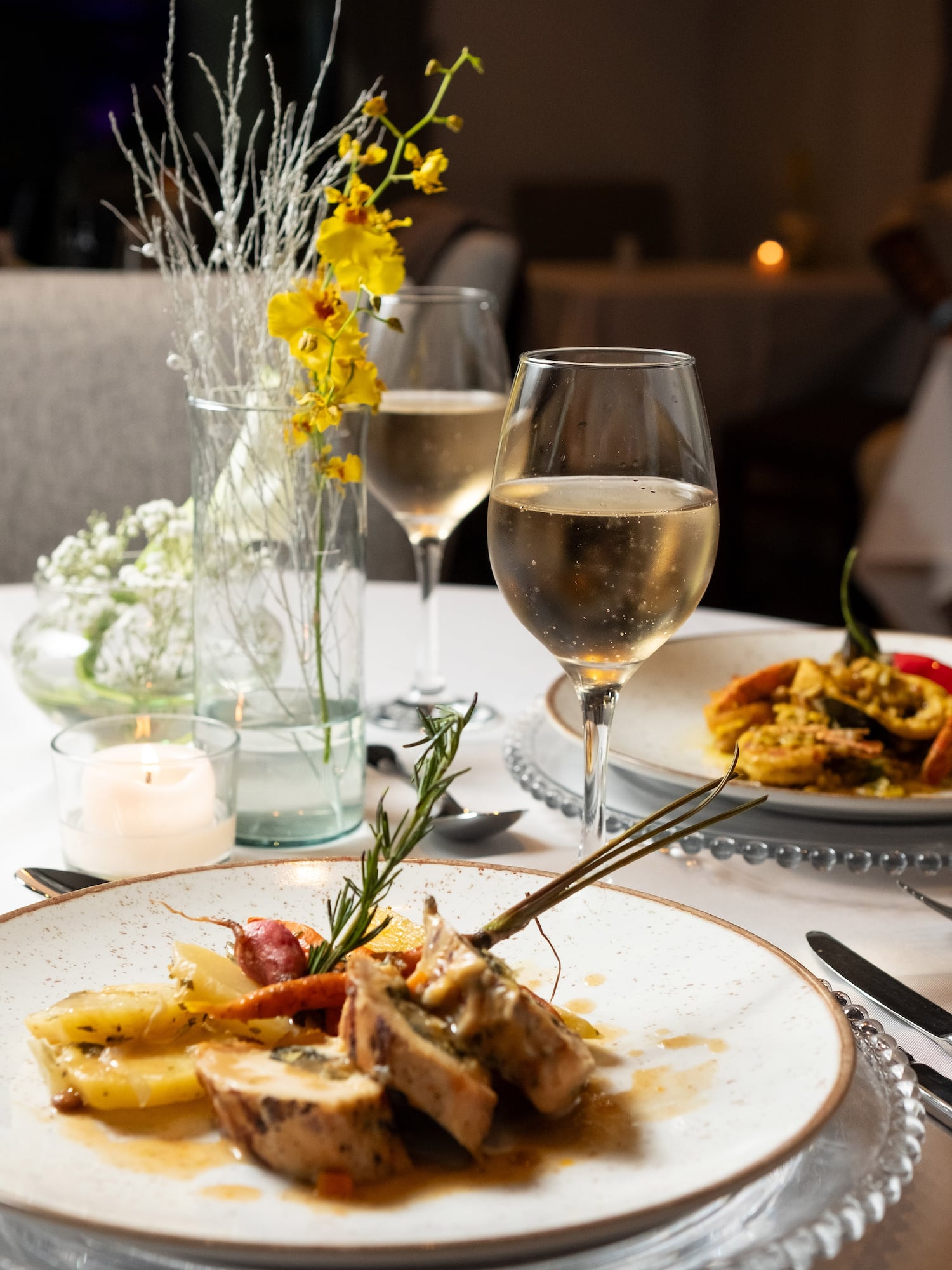 a plate of food and wine glasses on a table