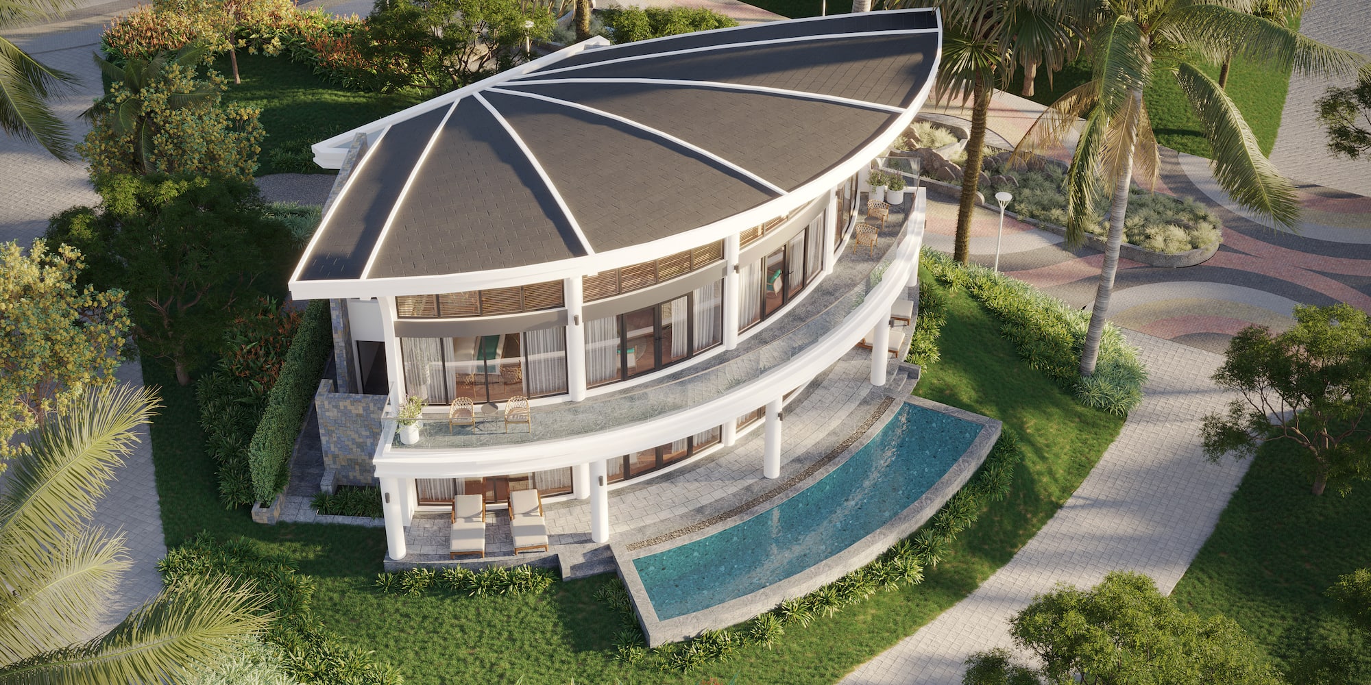 a building with a pool in the middle of it