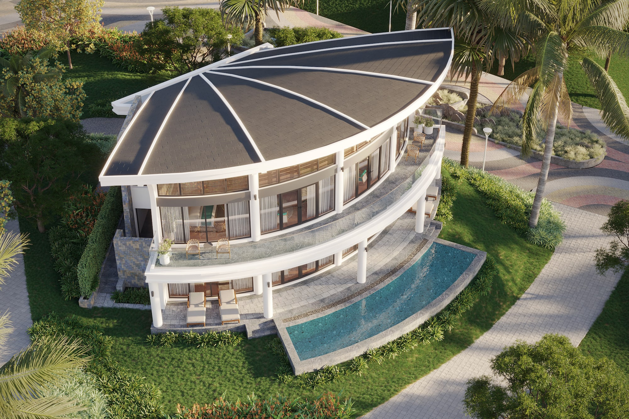 a building with a pool in the middle of it