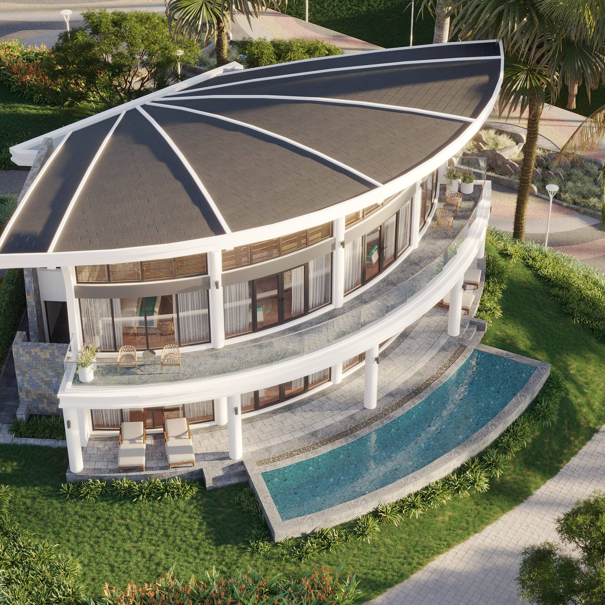 a building with a pool in the middle of it