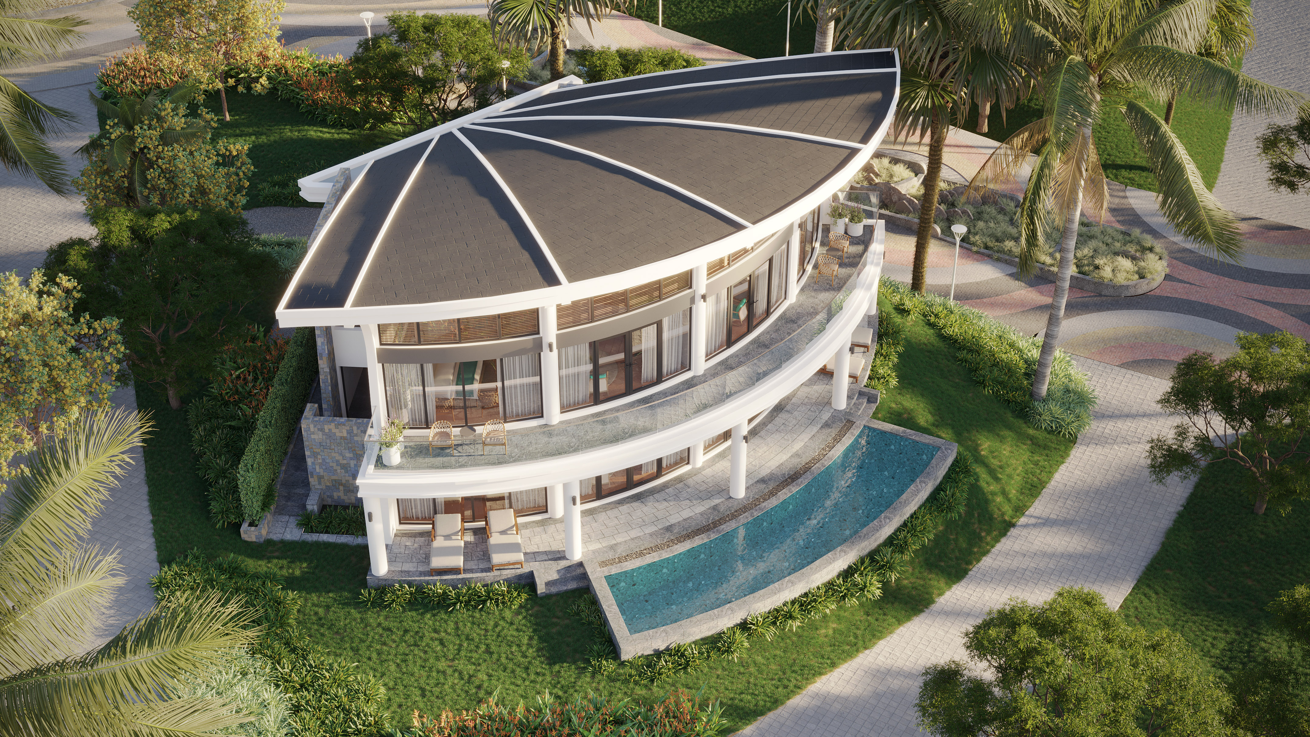 Modern curved luxury villa with pool and tropical landscaping.