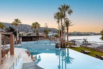 a pool with palm trees and a beach in the background
