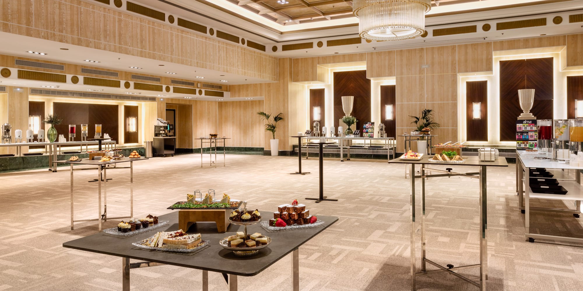 a large room with food on tables