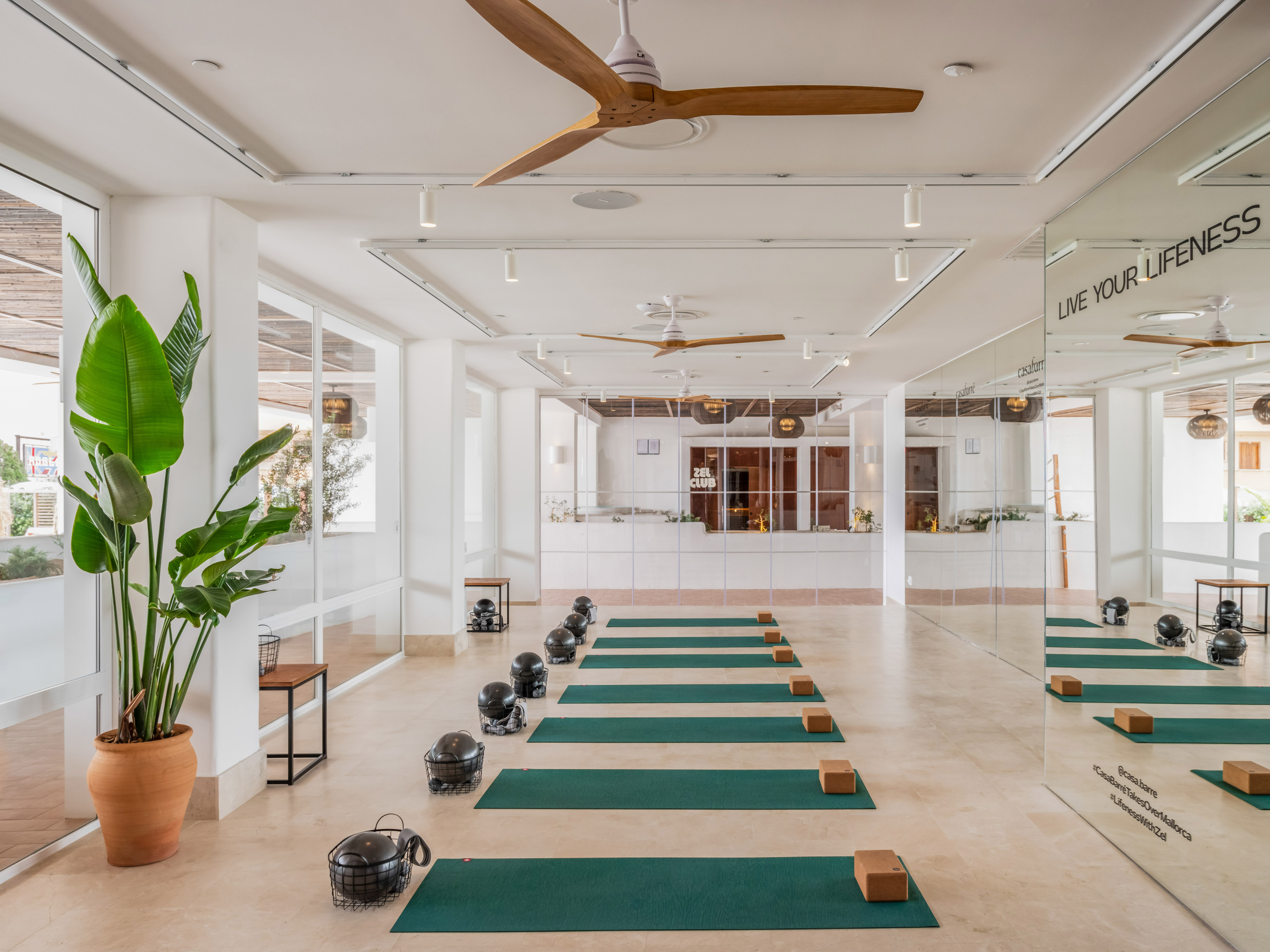 Bright yoga and fitness studio with green mats, workout equipment, and mirrors.