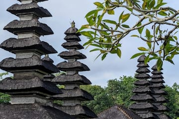 a group of wooden buildings with a tree in the background with Small Wild Goose Pagoda in the background