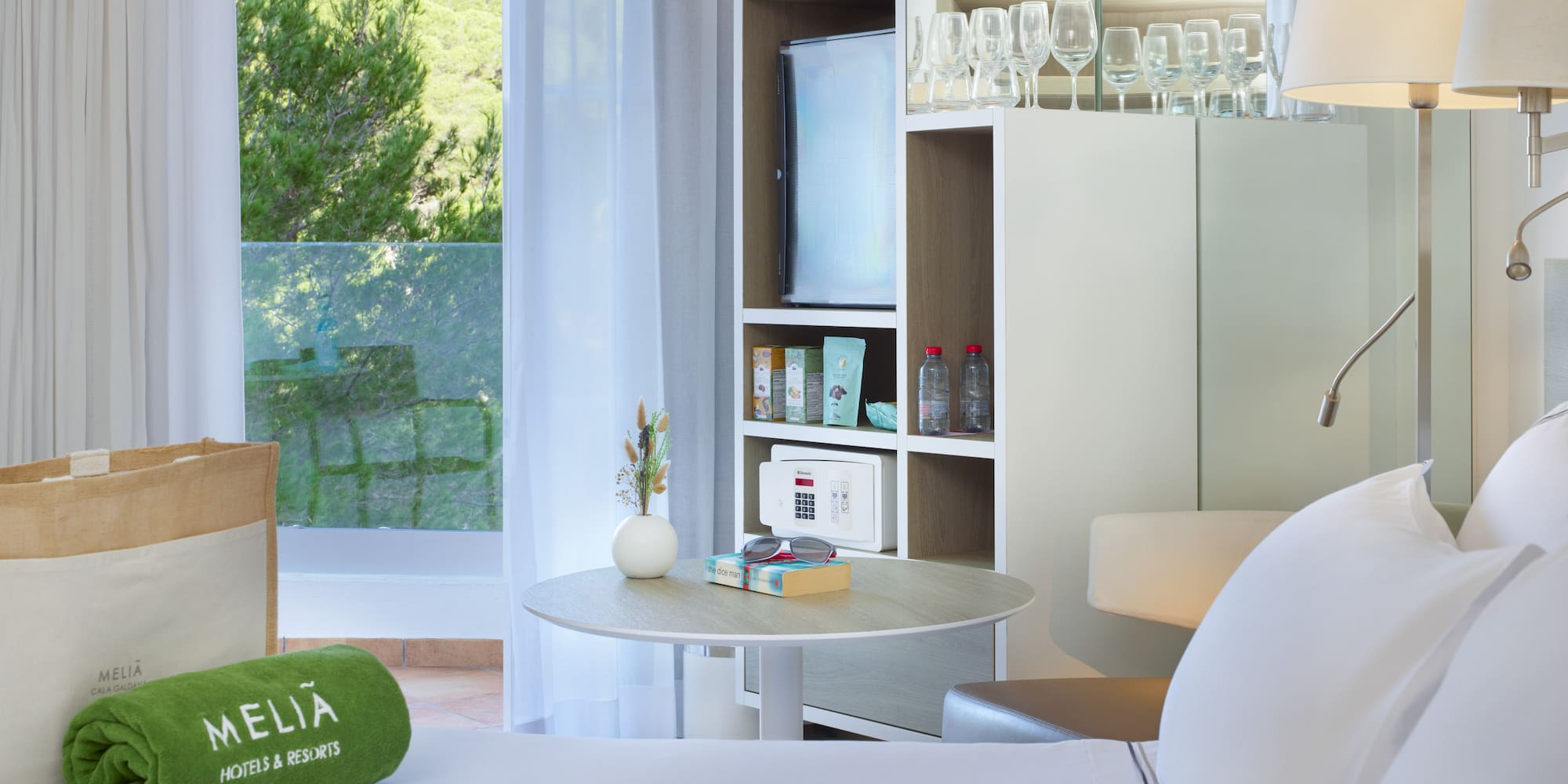 a room with a television and a table