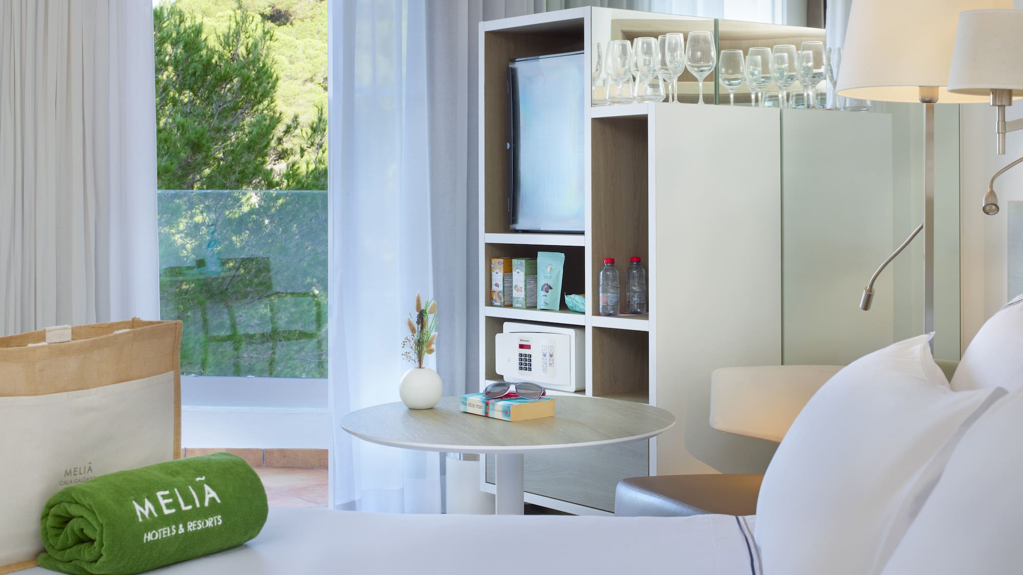 a room with a television and a table