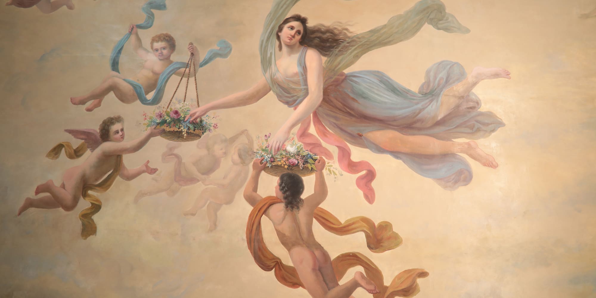 a painting of a woman carrying flowers