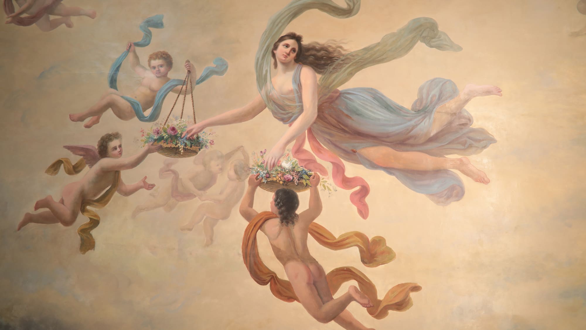 a painting of a woman carrying flowers