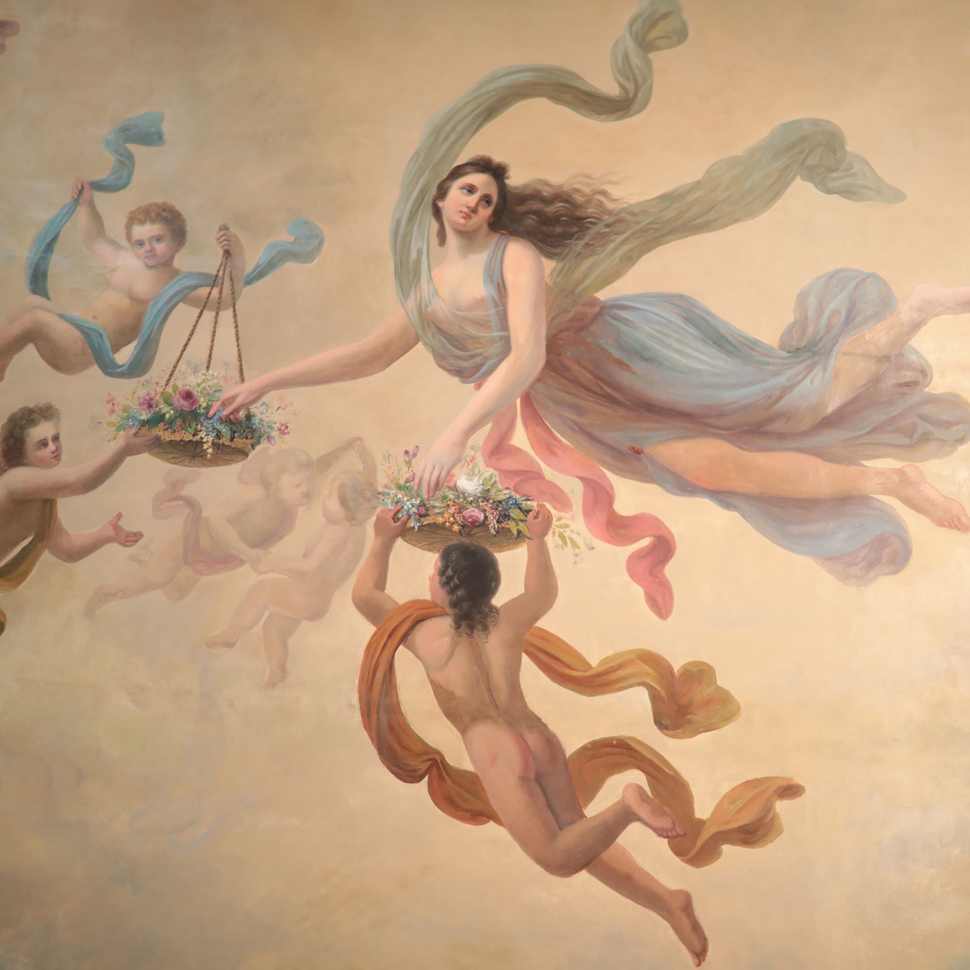 a painting of a woman carrying flowers