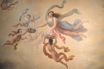 a painting of a woman carrying flowers