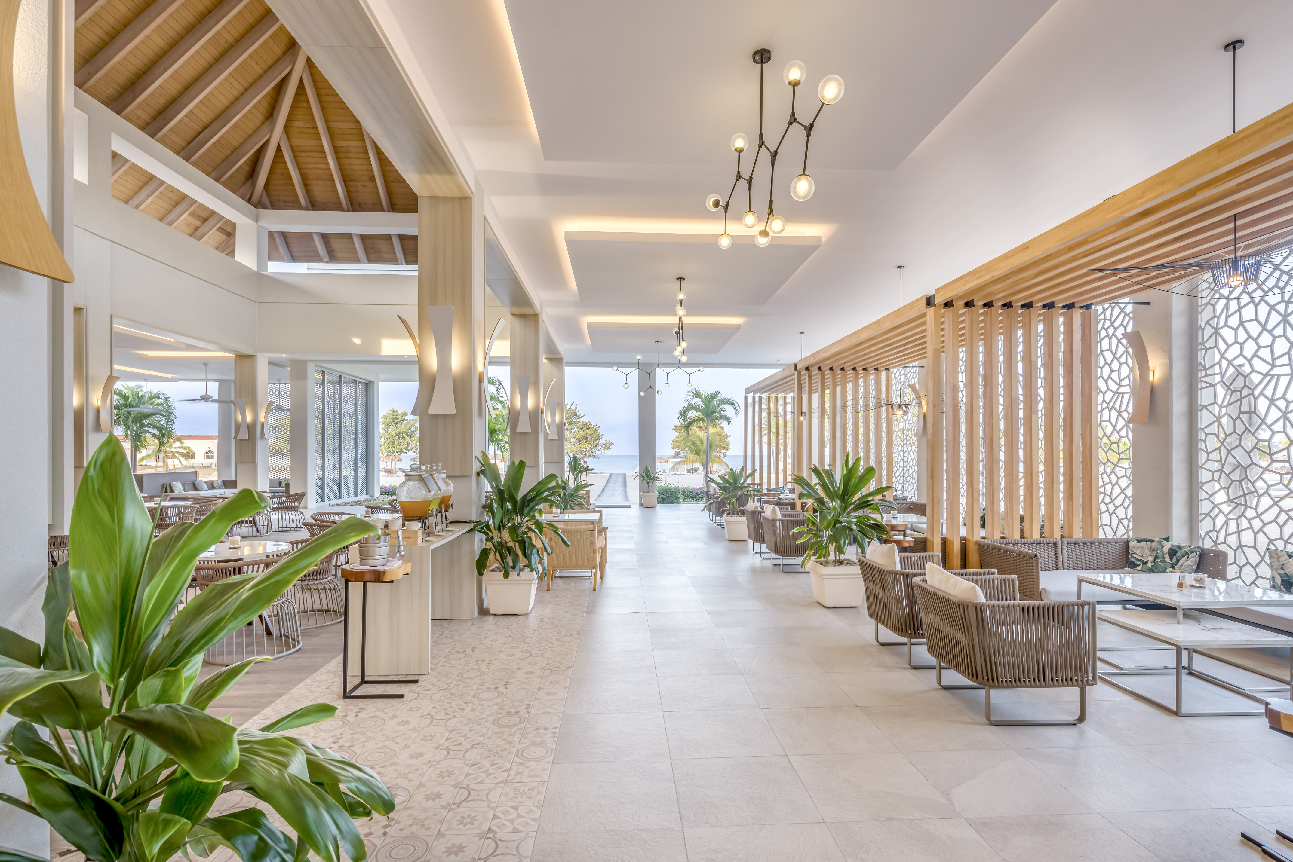 a room with tables and chairs and plants