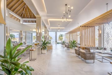 a room with tables and chairs and plants