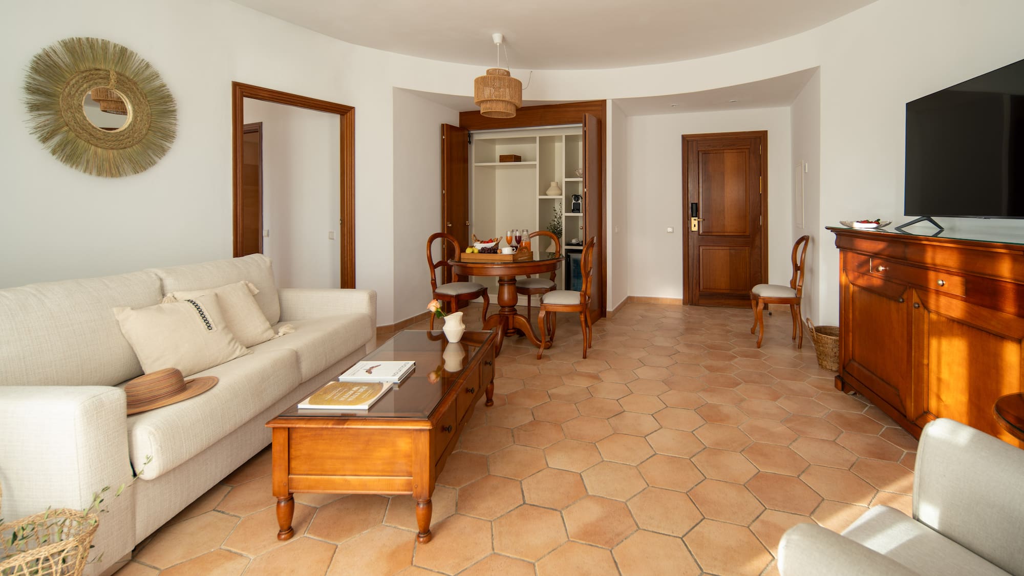 a living room with a couch and coffee table