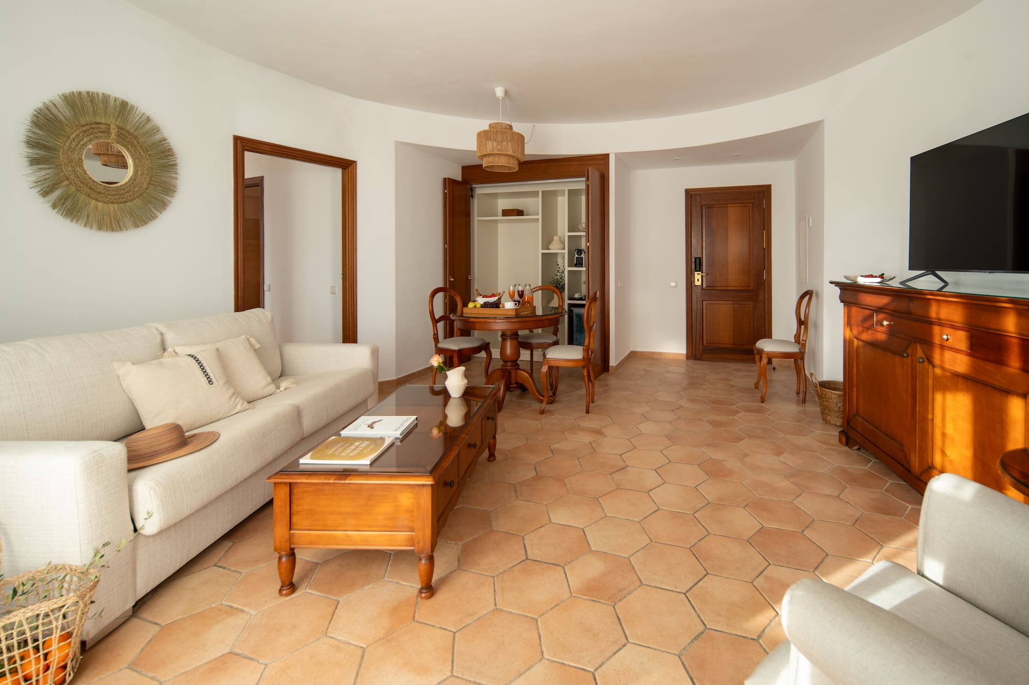 a living room with a couch and coffee table