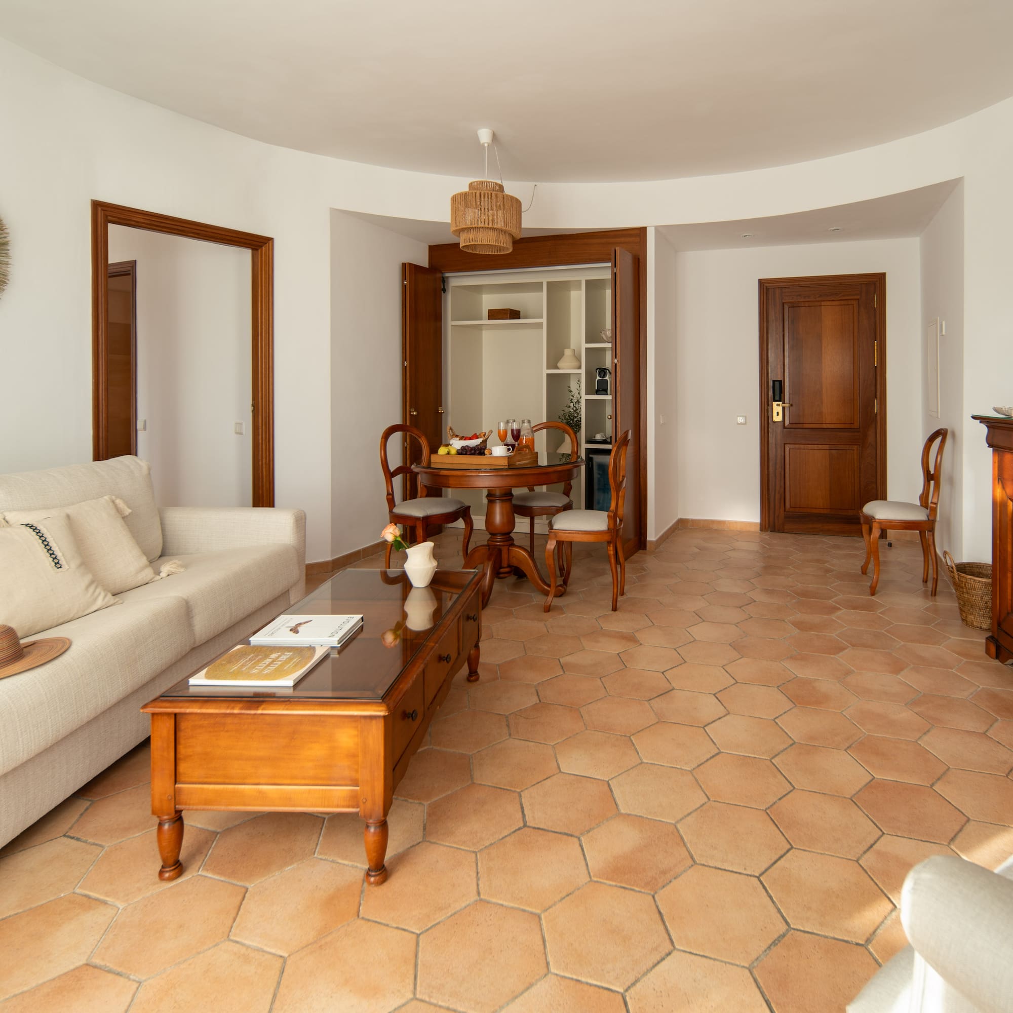 a living room with a couch and coffee table