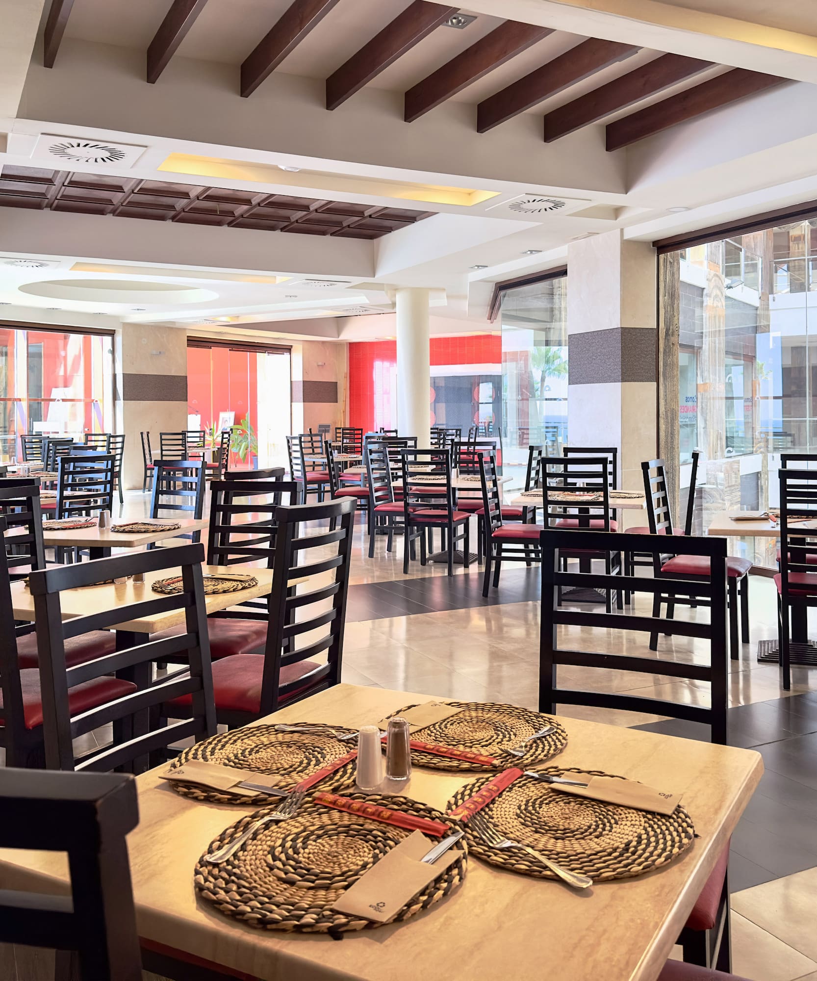 a room with tables and chairs