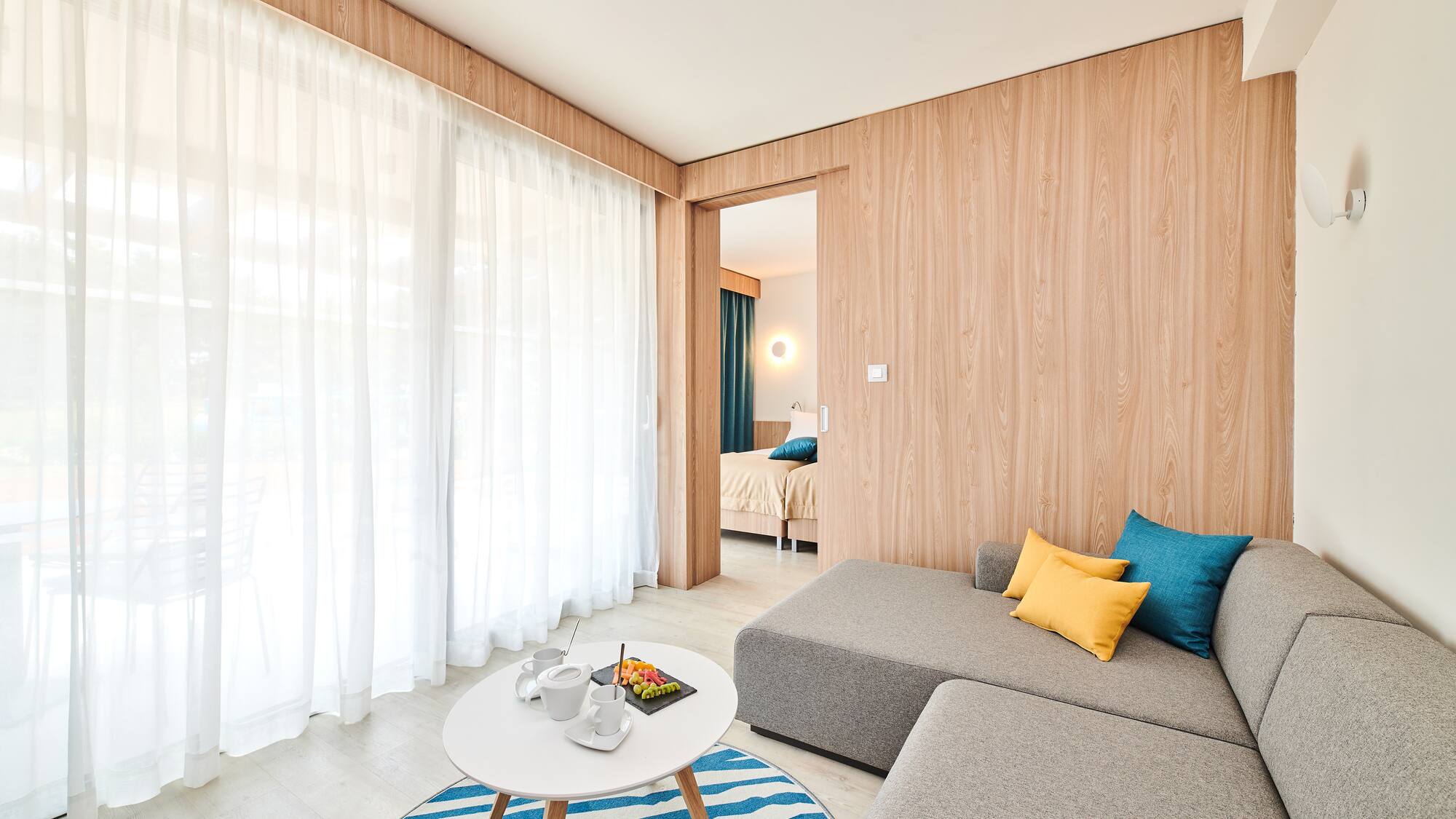 a room with a couch and a coffee table