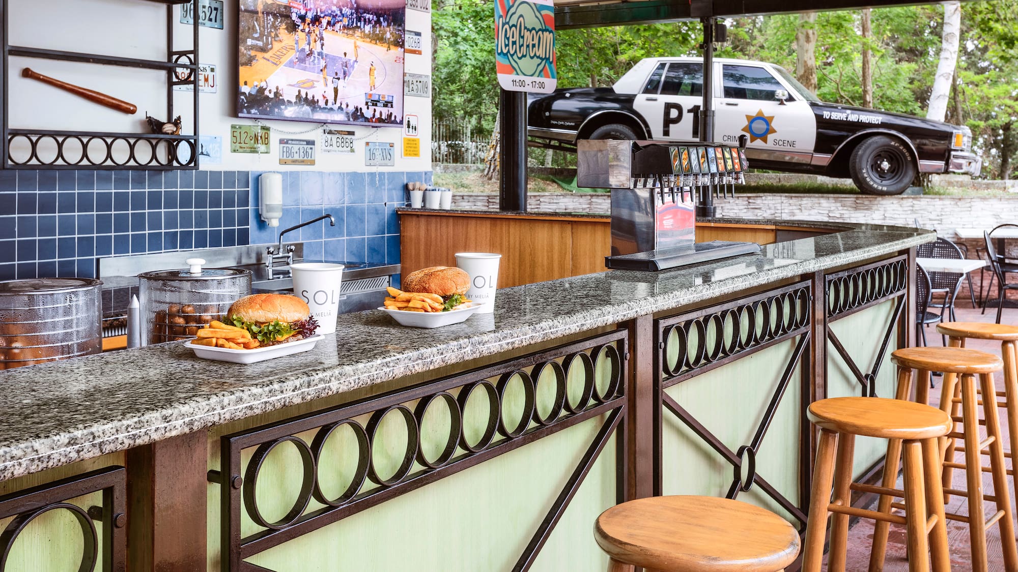a counter with food and drinks on it