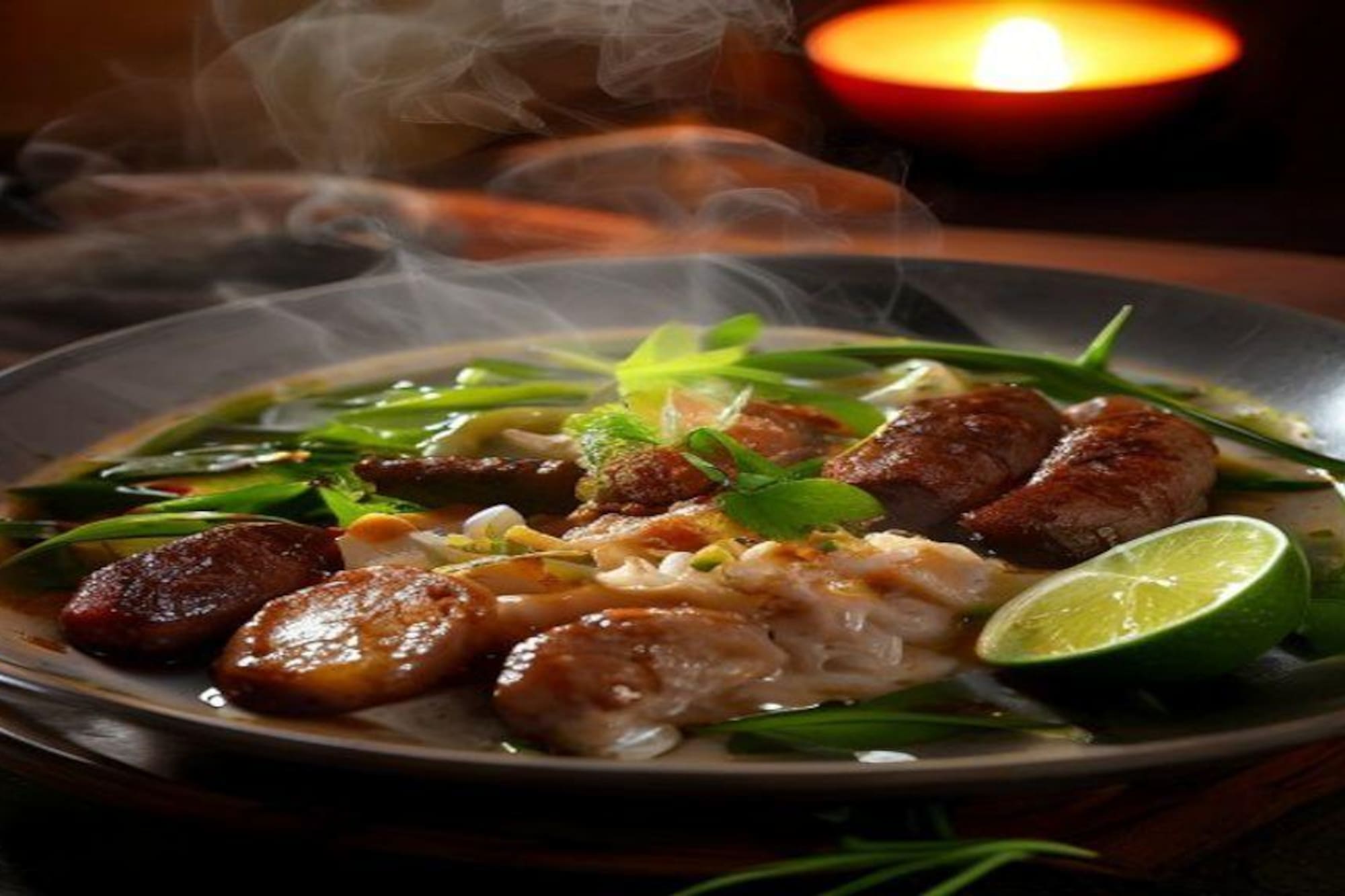 Steaming grilled sausage noodle bowl, green vegetables, lime, candlelight.