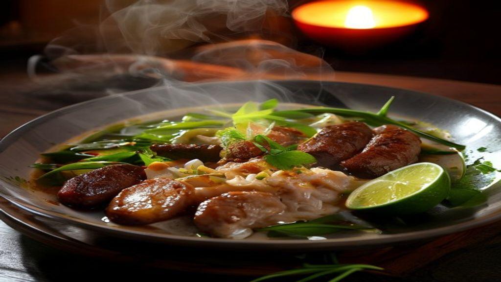 Steaming grilled sausage noodle bowl, green vegetables, lime, candlelight.