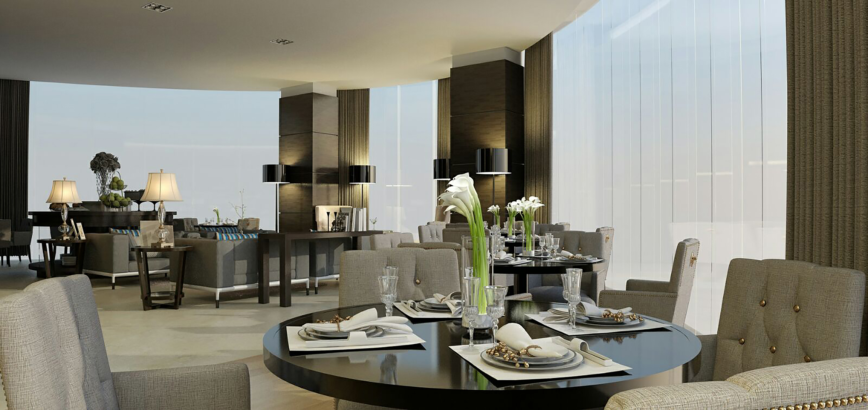 Modern elegant dining & lounge with sleek tables, plush seating, large windows.