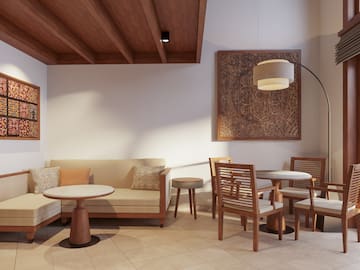 a room with a table and chairs
