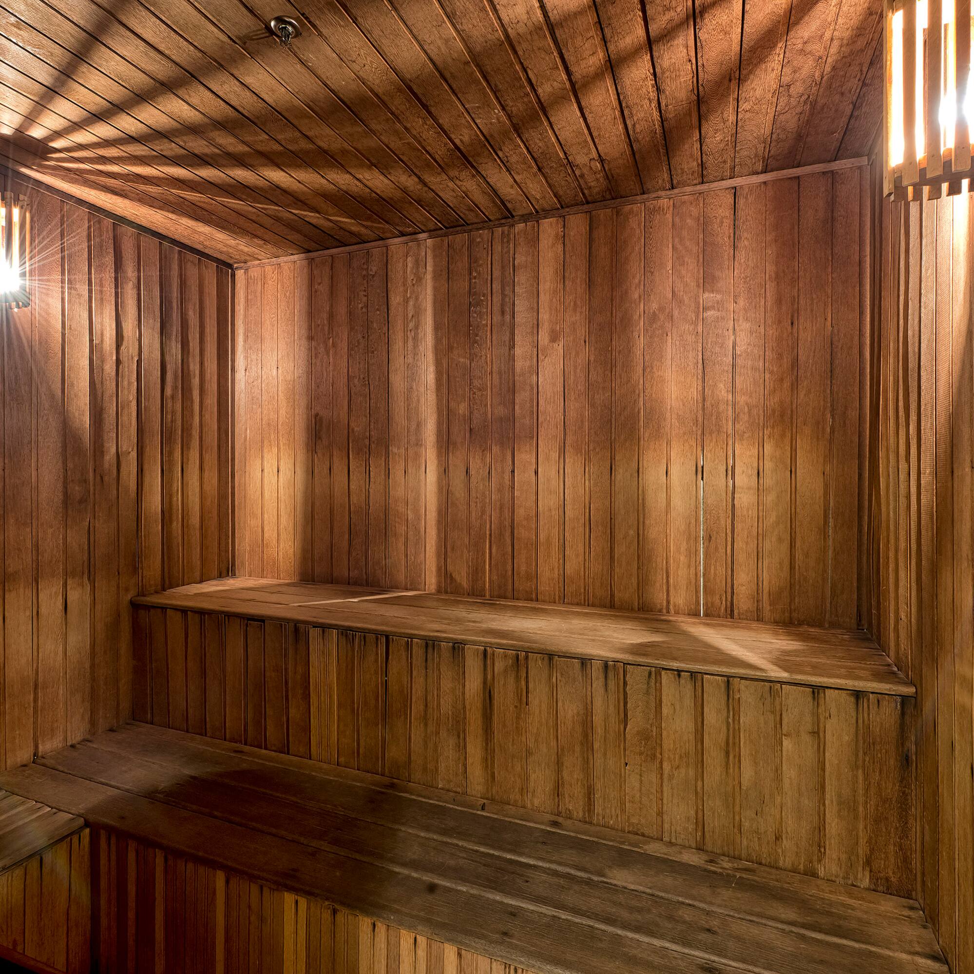 a wooden sauna with lights