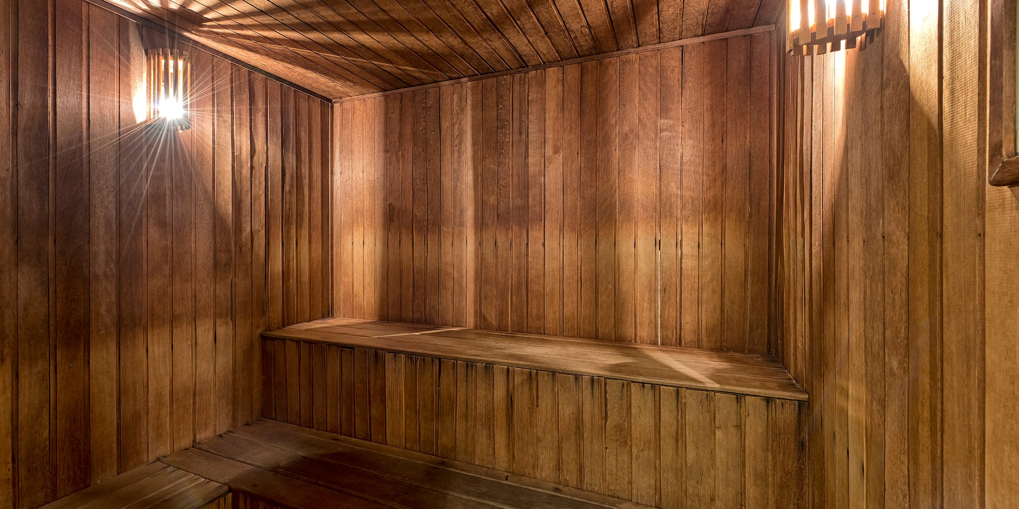 a wooden sauna with lights