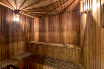 a wooden sauna with lights