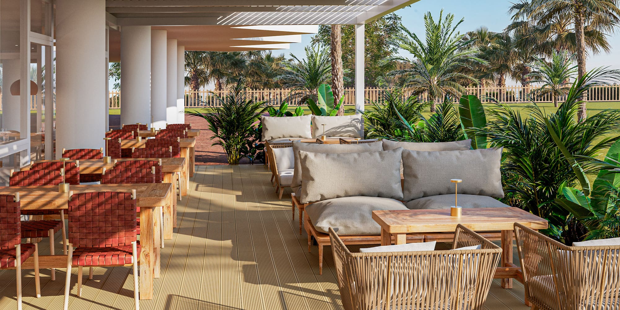 a patio with chairs and tables