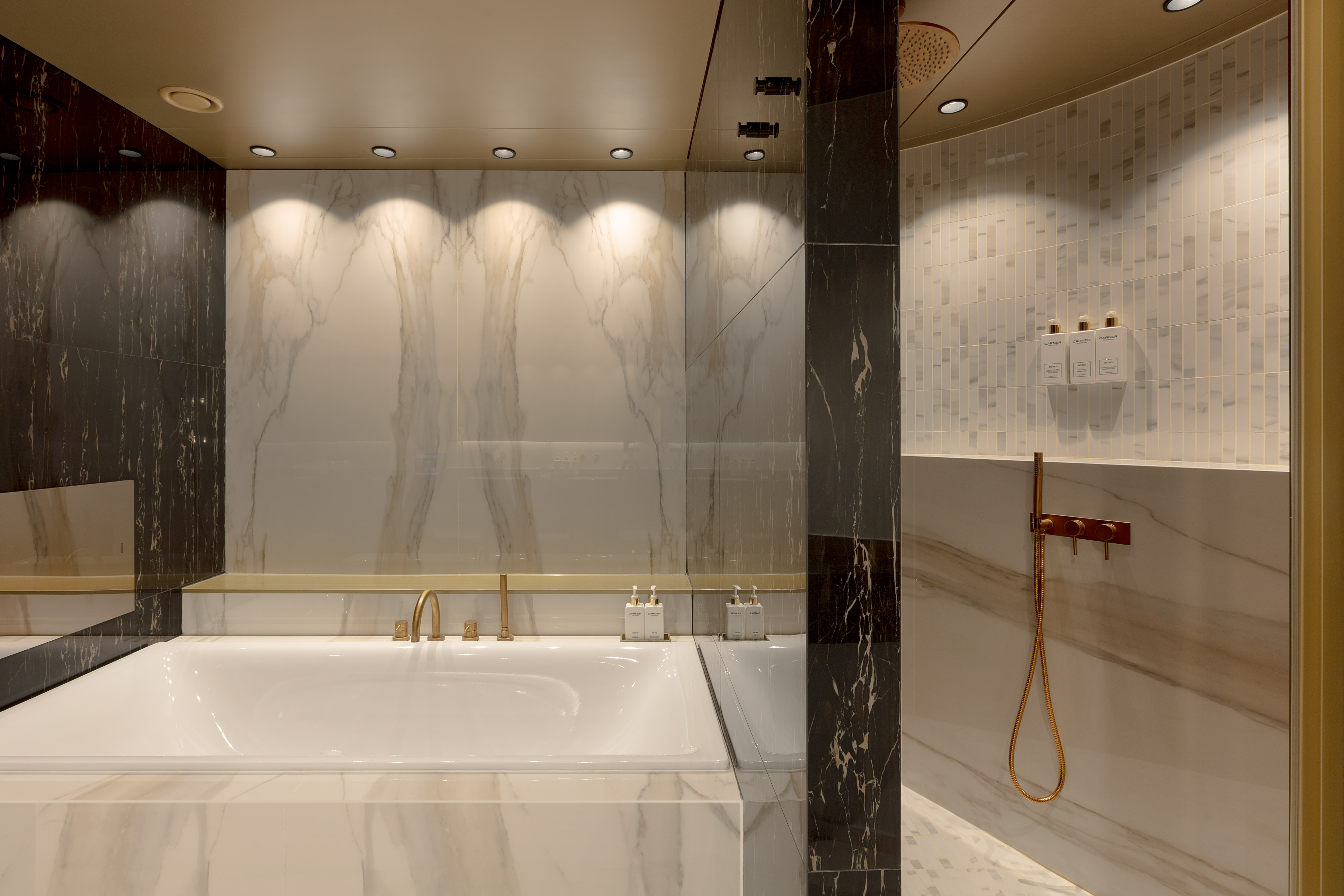 a bathroom with a tub and shower