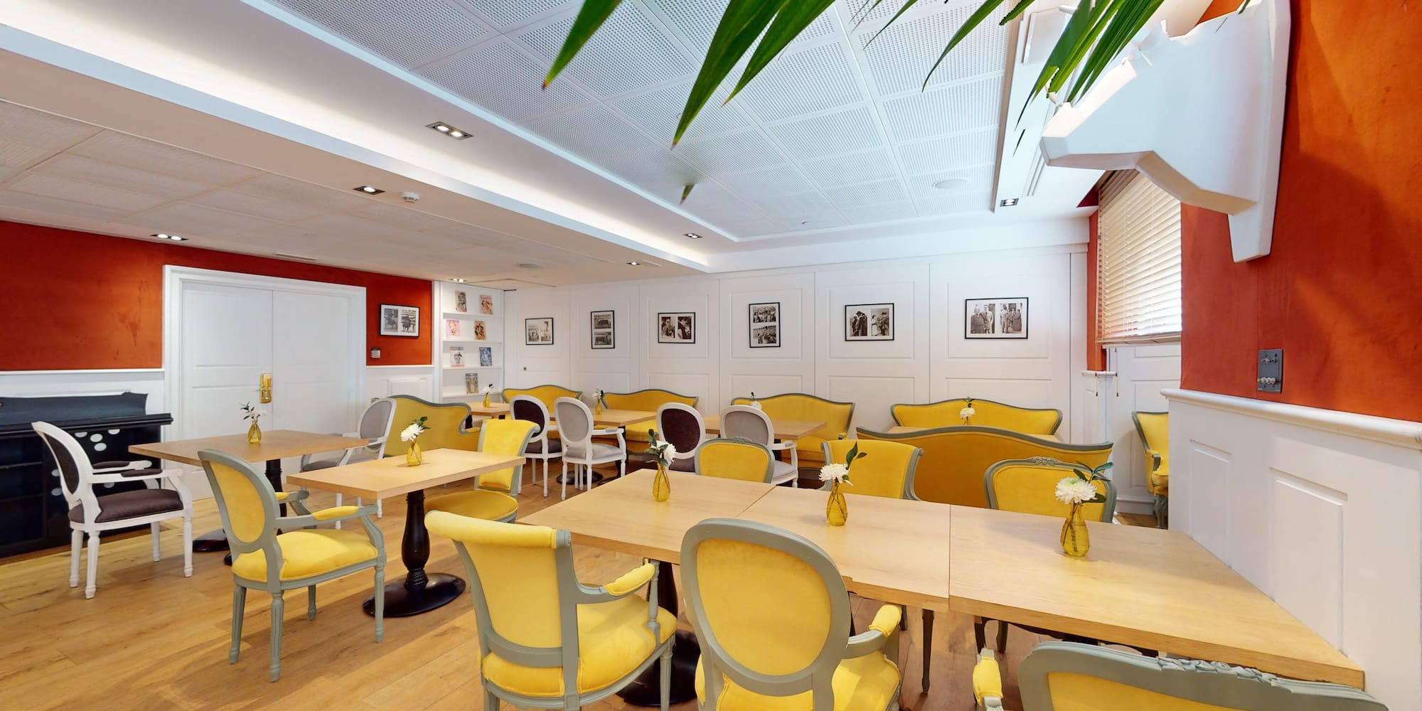 a room with tables and chairs